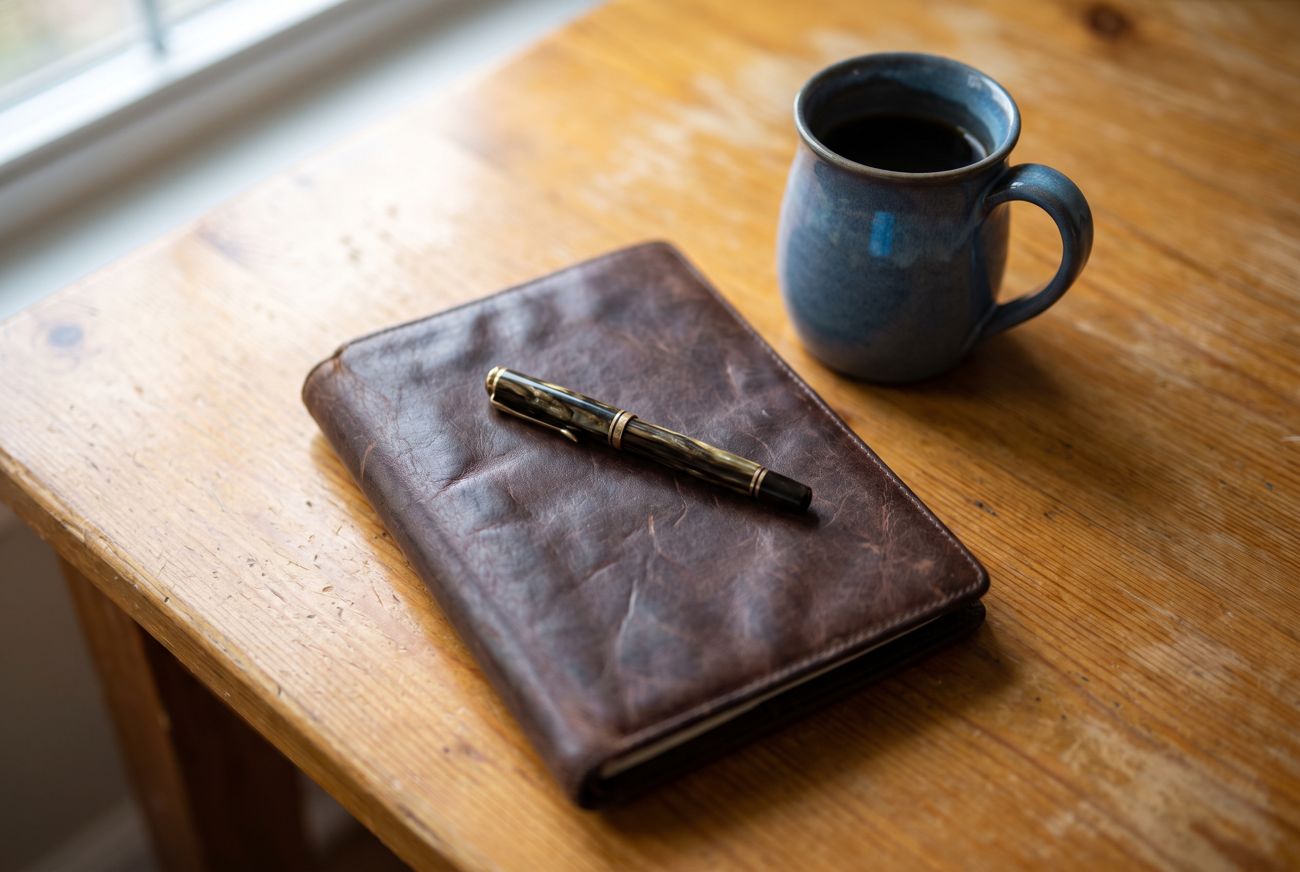A closed fountain pen resting on a leather folder beside a coffee mug on a sunlit wood table