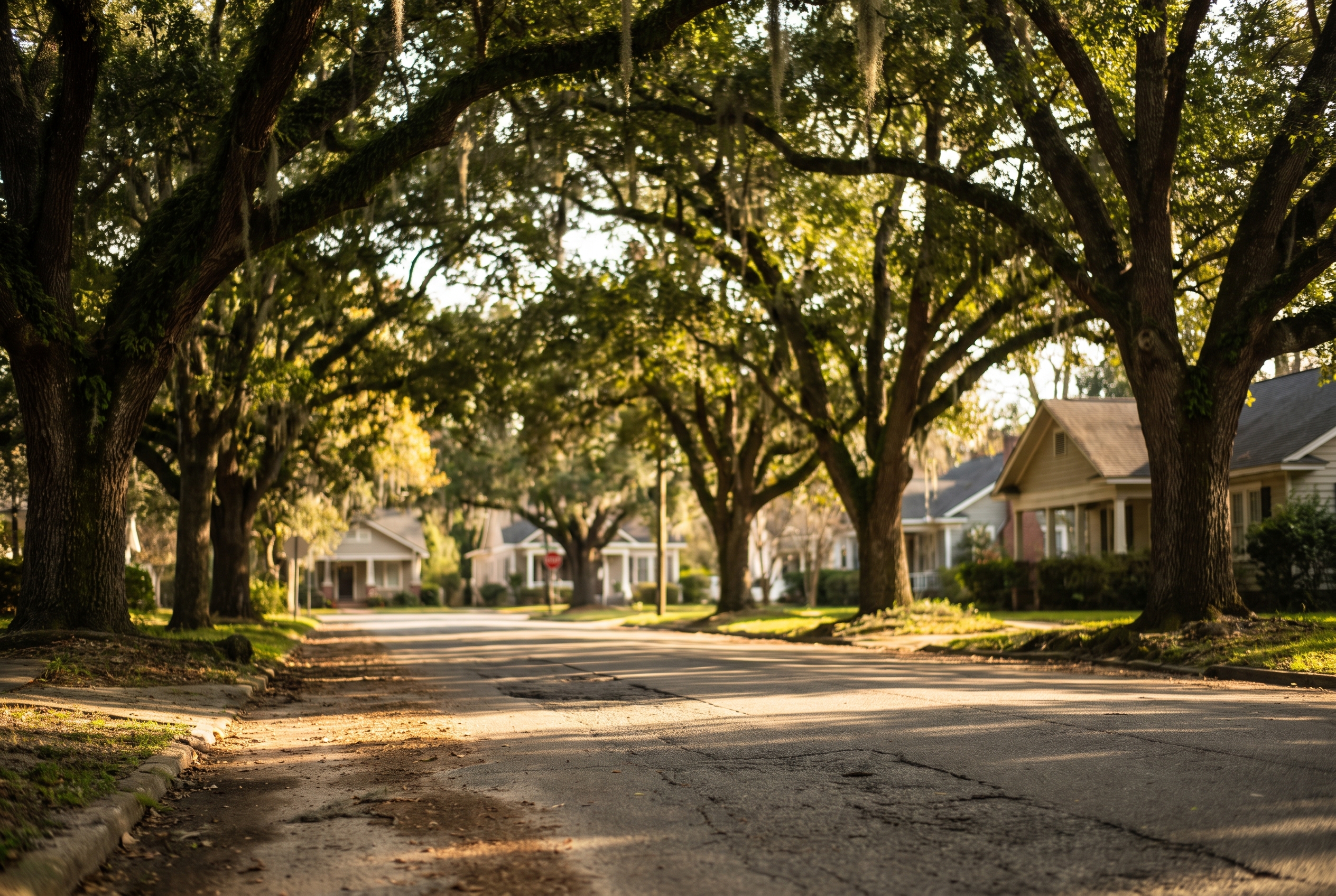 A quiet street lined with mature live oaks and hanging Spanish moss, dappled light falling across the pavement toward softly blurred houses in the distance.