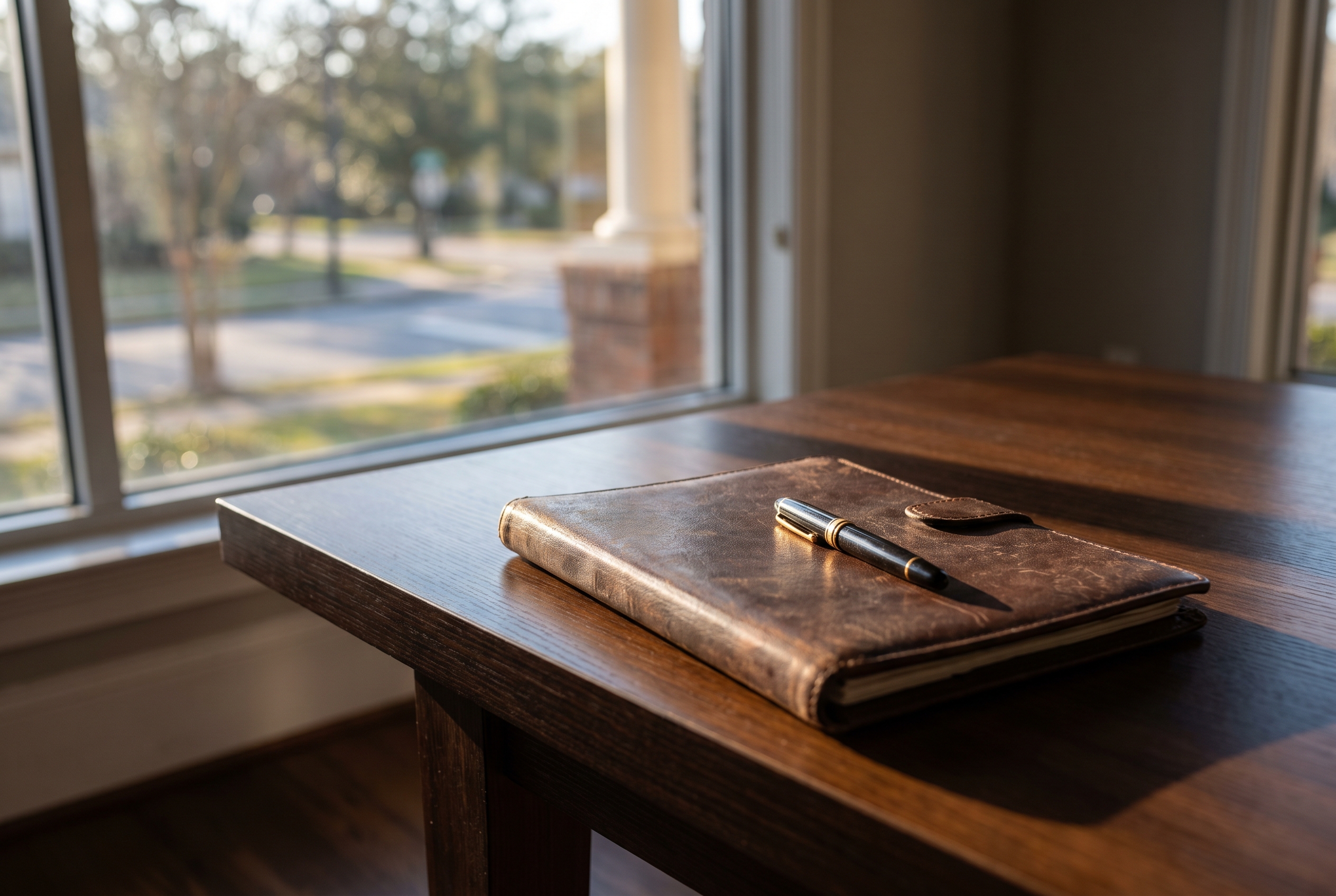 A fountain pen resting on the closed cover of a leather portfolio at the edge of a wood table, the background soft and out of focus.