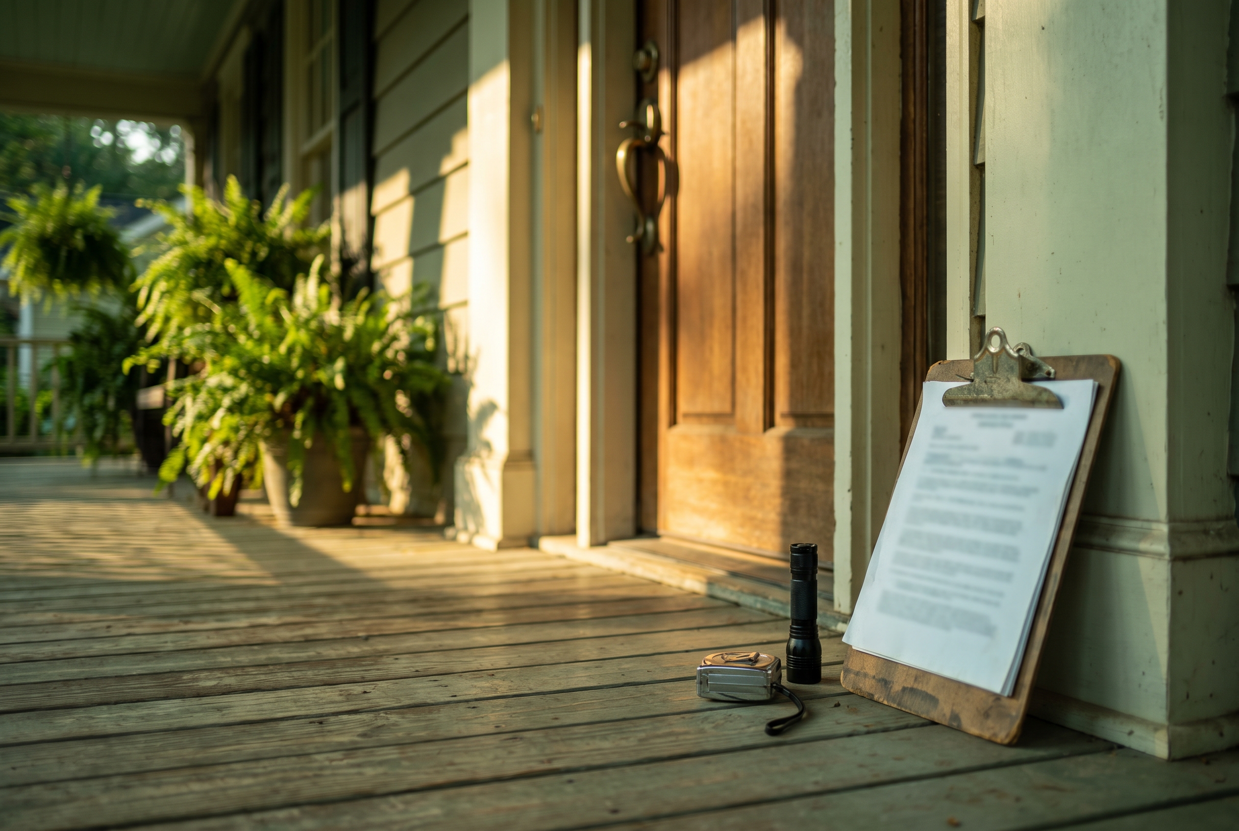 An inspector's clipboard, flashlight, and tape measure sit on a sunlit Craftsman porch beside a paneled front door with a brass lock.