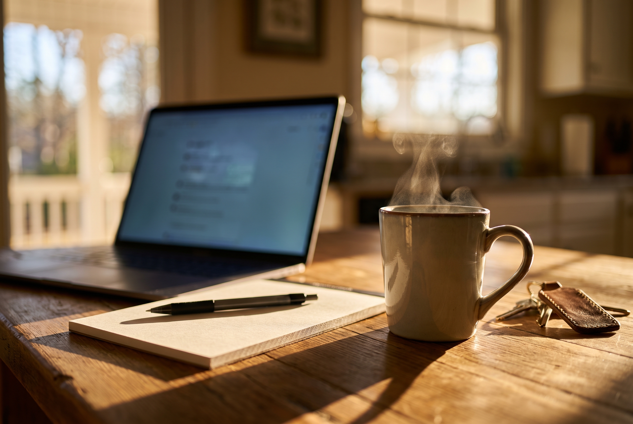 A coffee mug, blank notepad, and pen sit in warm window light beside the blurred glowing edge of a laptop screen on a kitchen table.