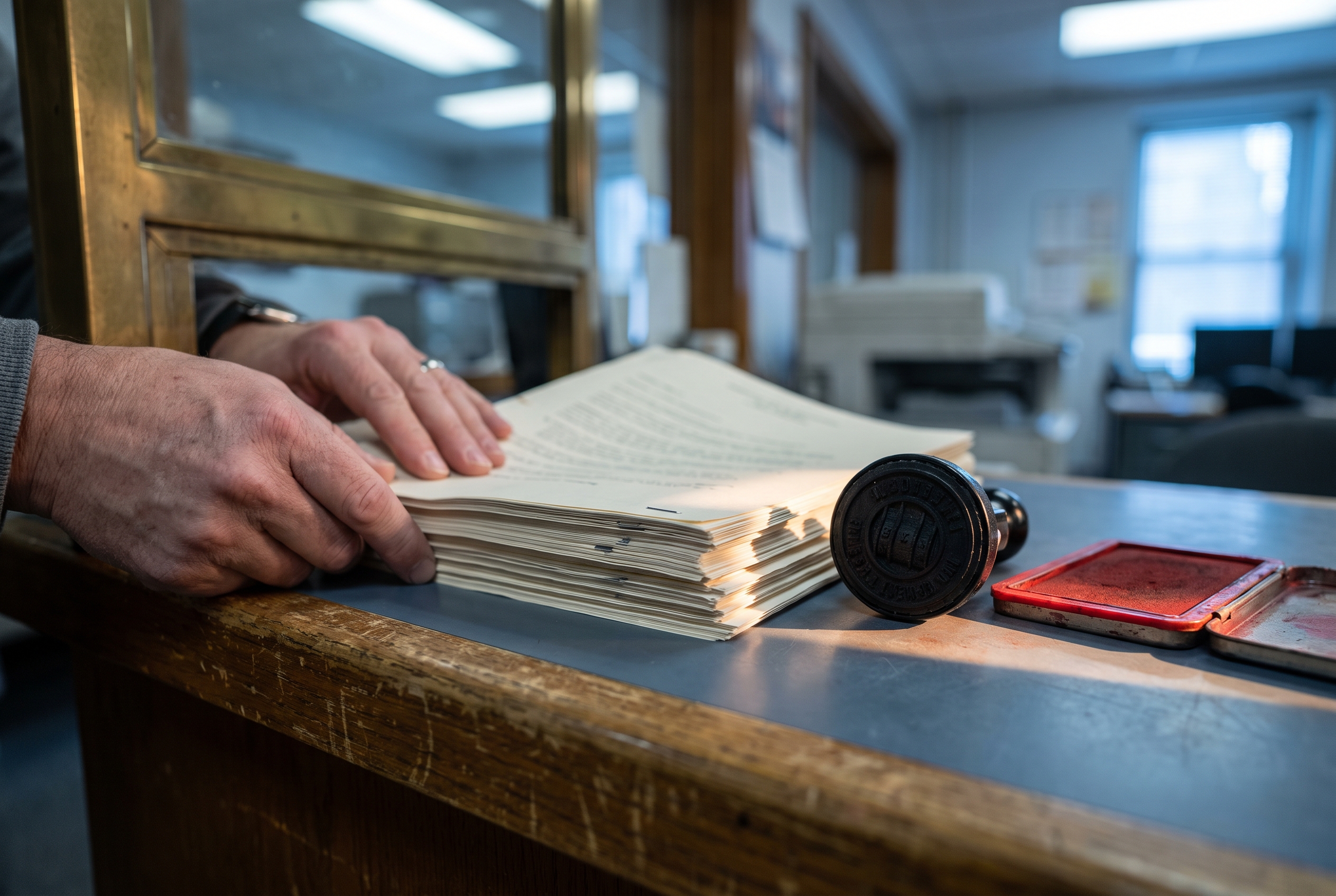 Hands placing a stack of closing documents on a tax office counter next to a date stamp