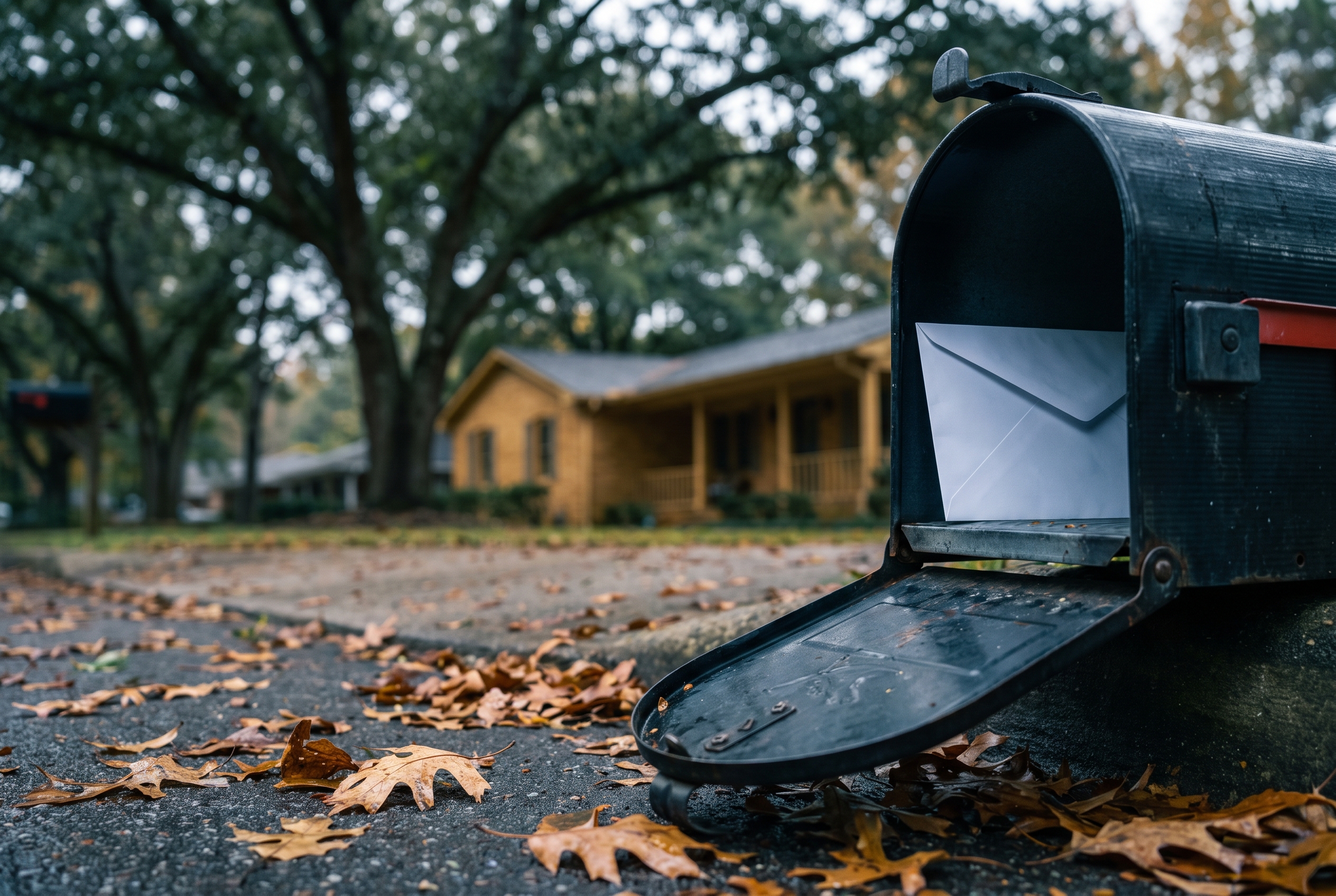 An open curbside mailbox with an envelope inside, set against a tree-lined suburban street in autumn