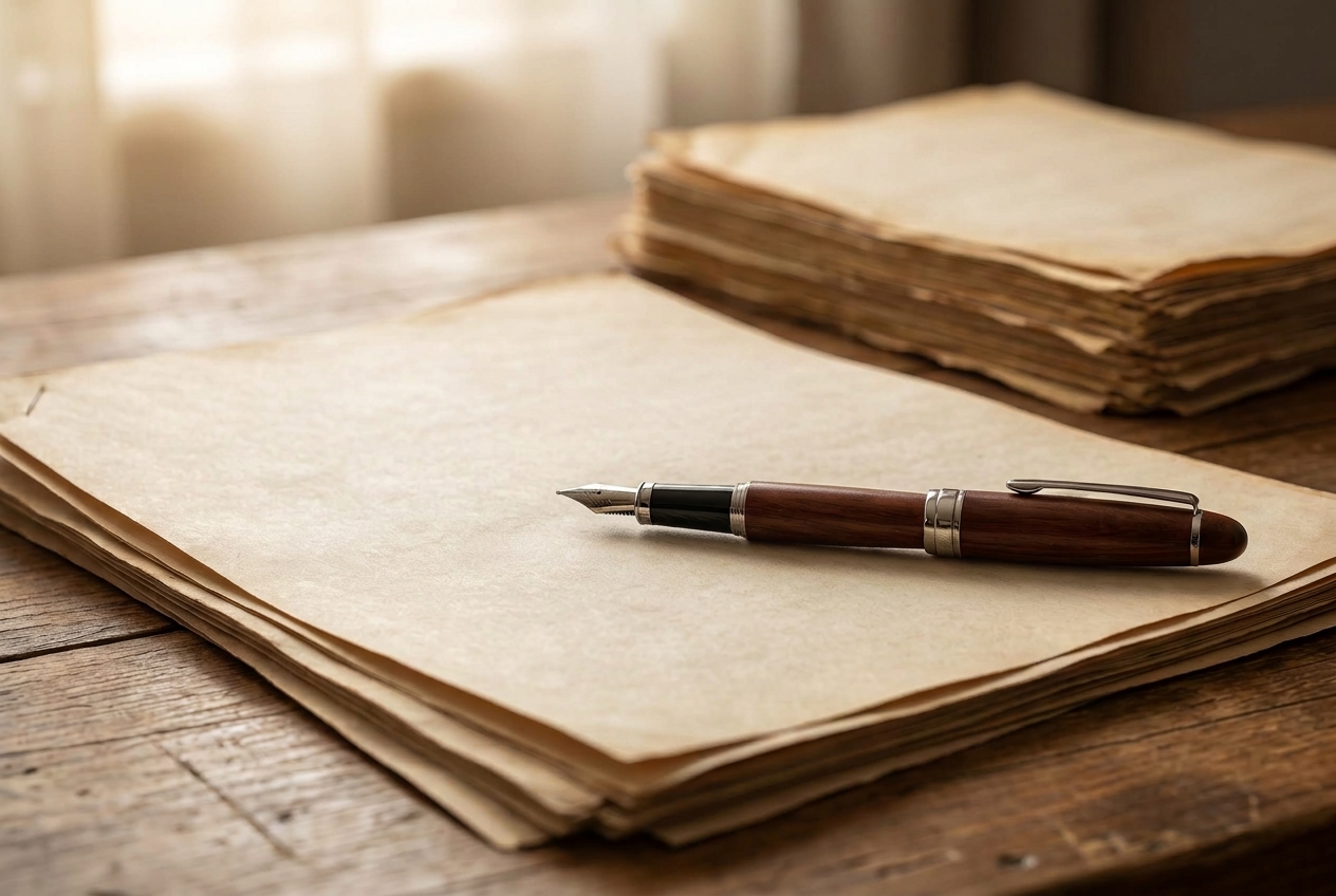 A pen resting on a stack of unreadable mortgage documents on a wood desk with a second blurred stack behind.