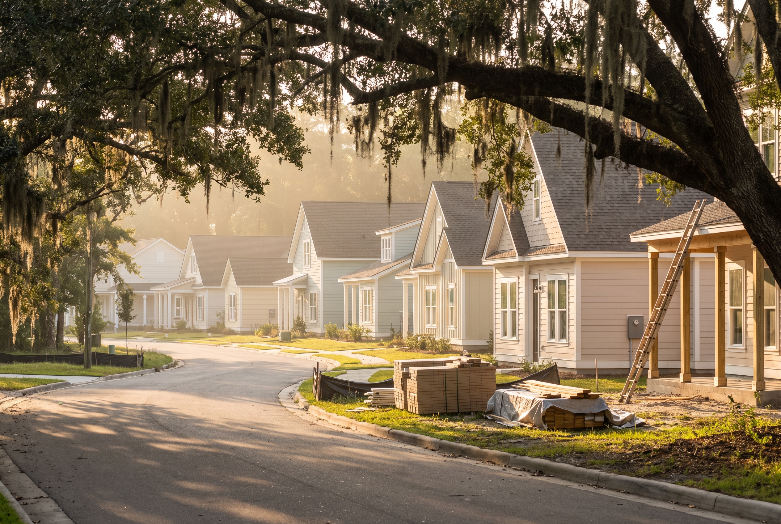 A row of newly built houses on a Georgia street, framed by overhanging live oak branches in late-afternoon light.