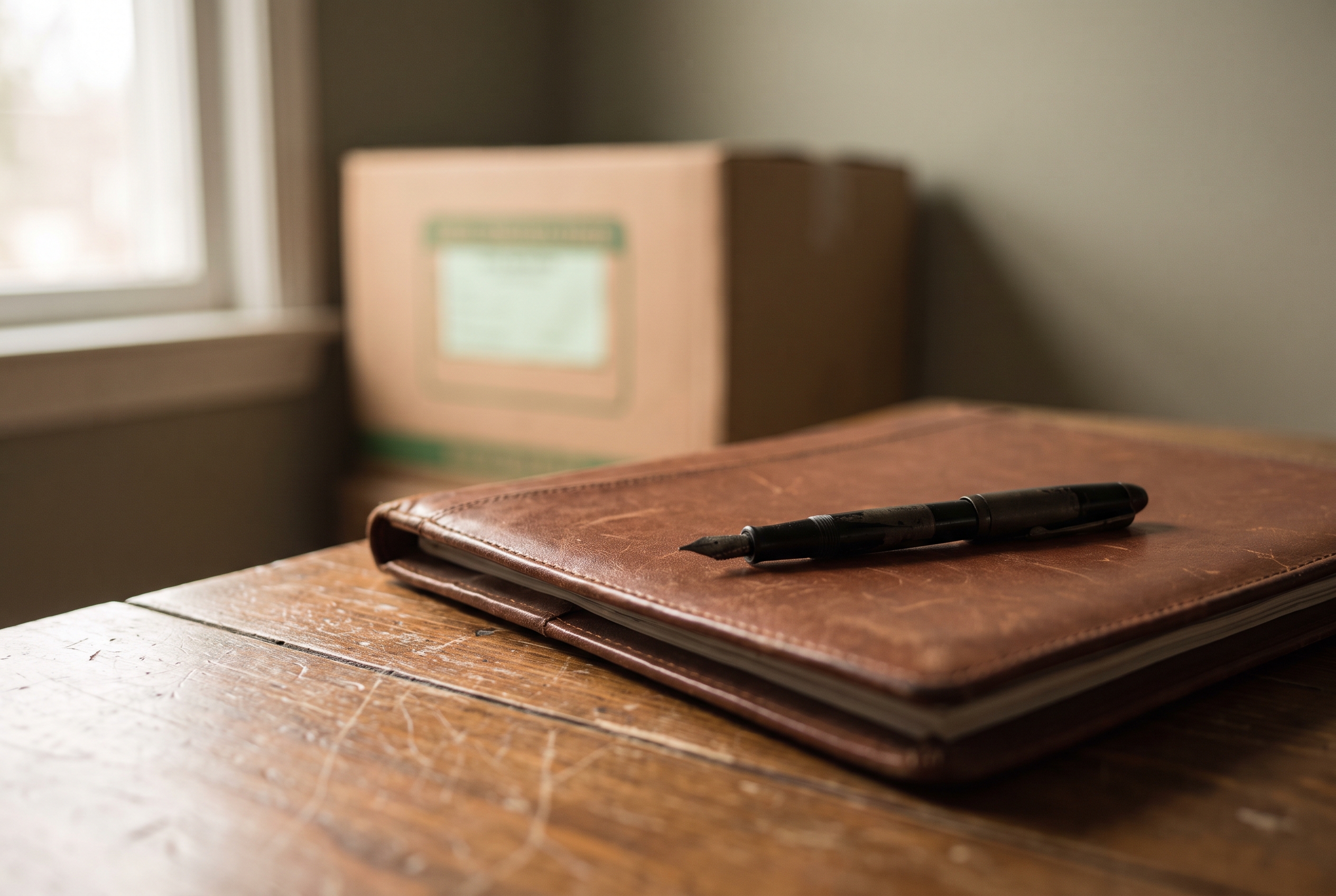 A pen resting across a closed contract folder on a wood table with a blurred moving box in the background.