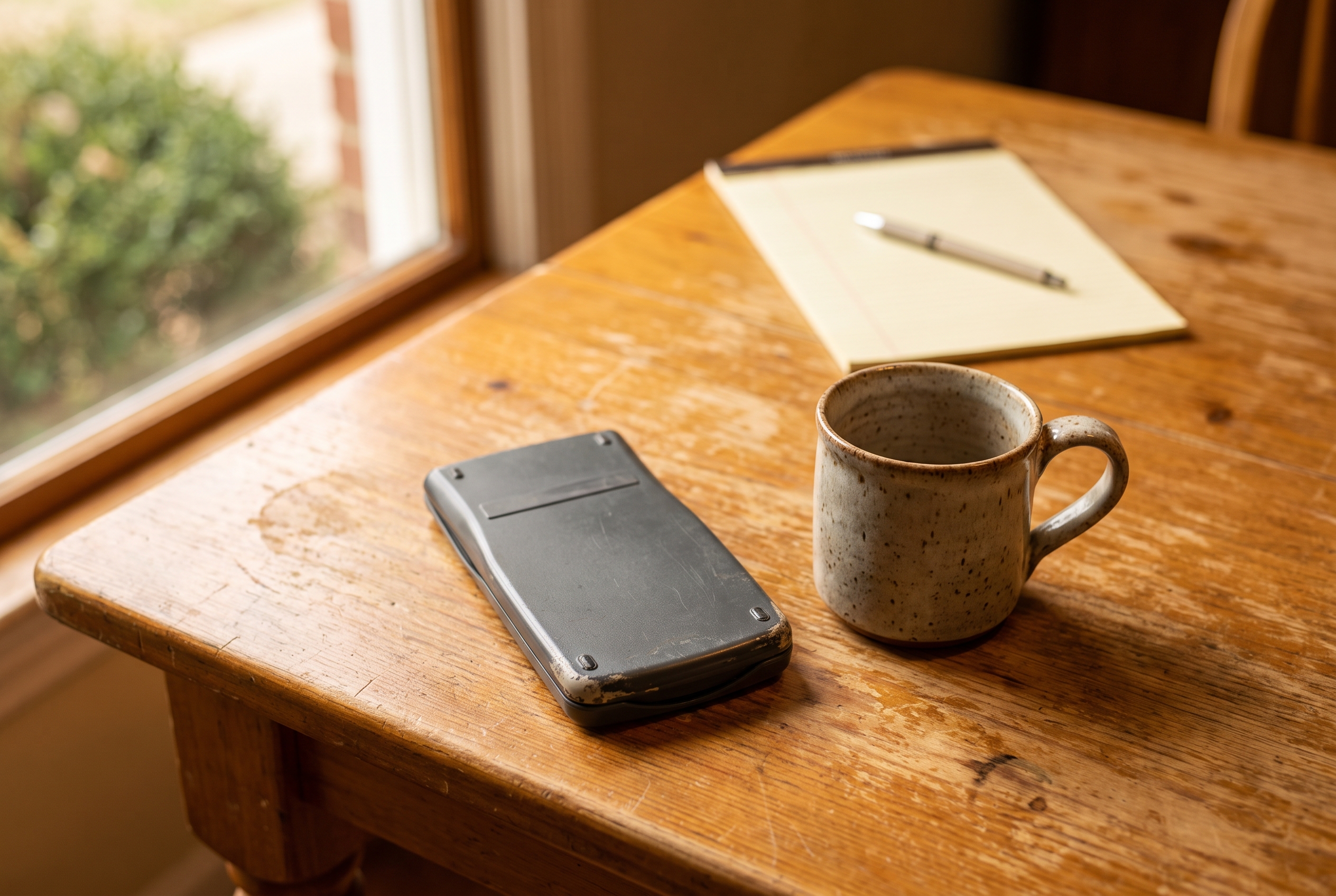 A wood kitchen table with a coffee mug, a closed calculator, and a blank notepad lit by soft morning window light.
