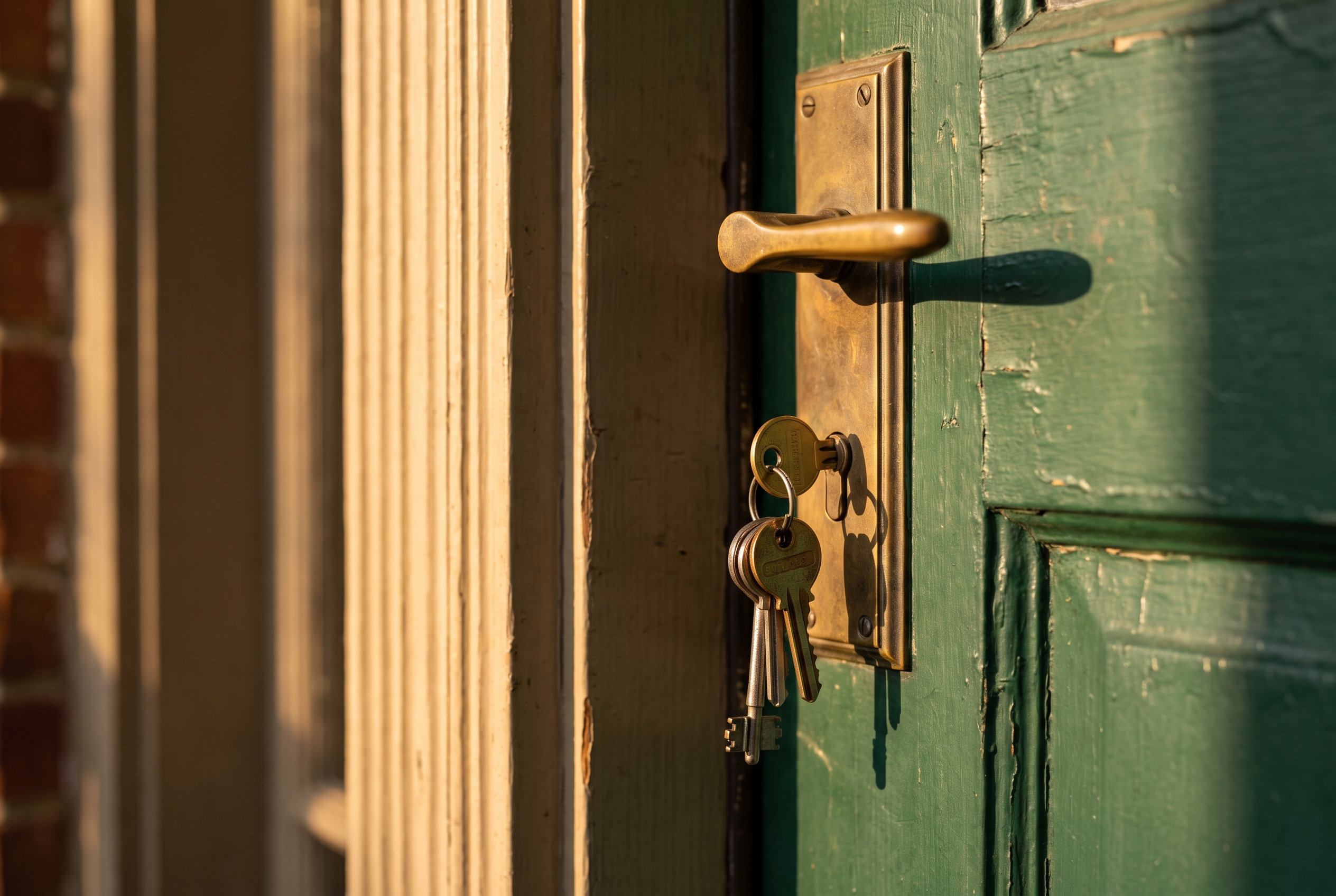 A close-up of brass door hardware and a set of keys hanging in the lock of a Craftsman-style front door in warm afternoon light.