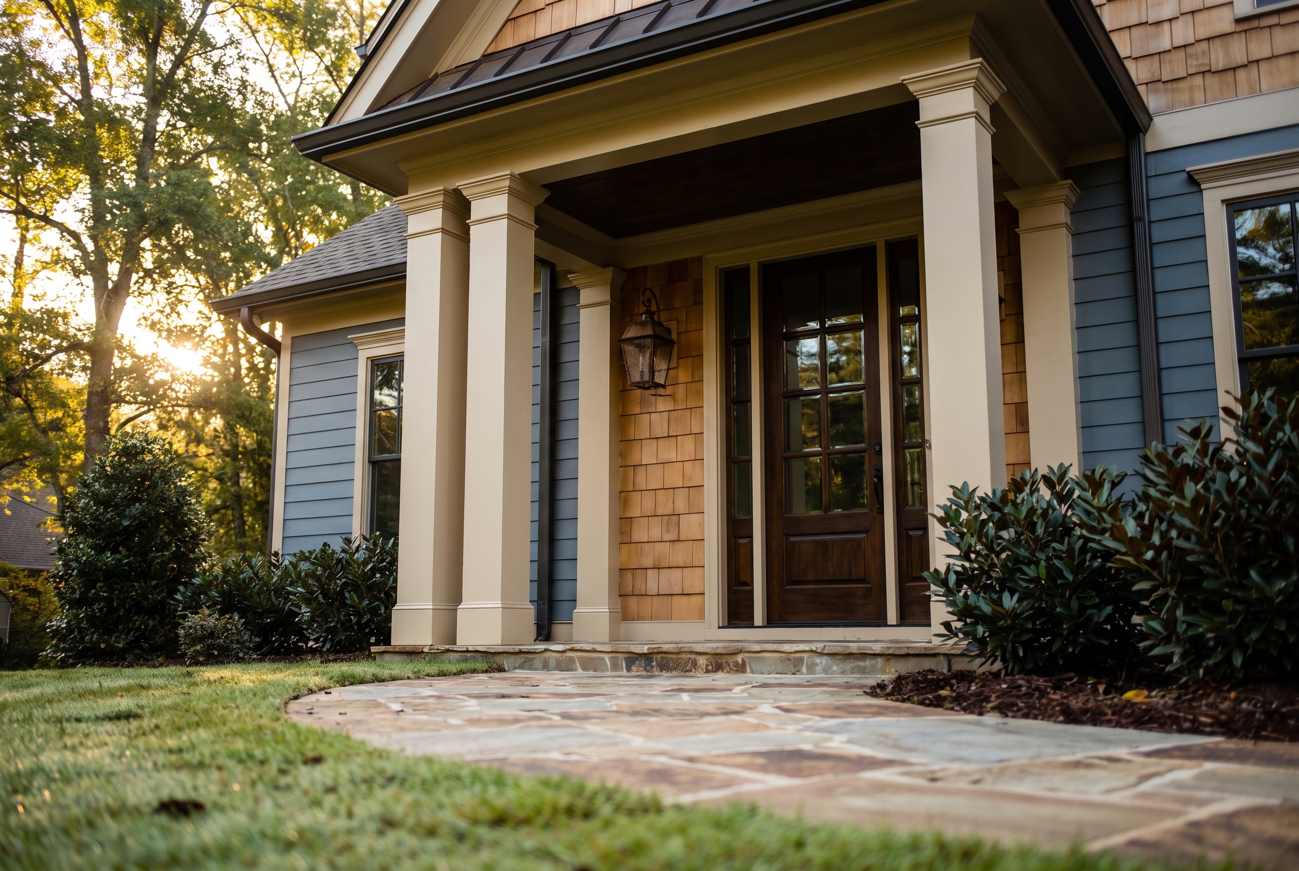The columned front porch of a new Craftsman-style home in a metro Atlanta subdivision, lit by early morning sun.