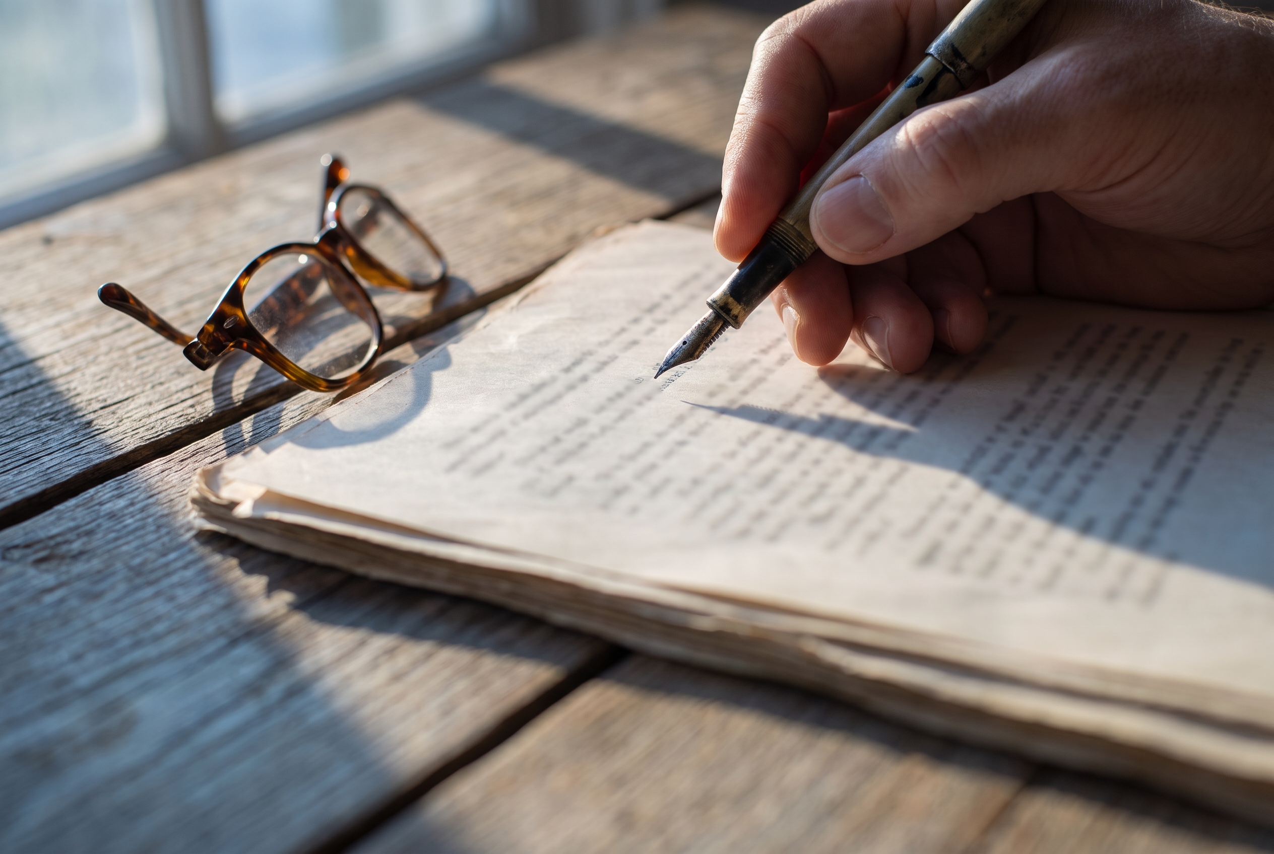 A hand holds a pen over a blurred loan document on a wood table, with reading glasses nearby in soft side light.