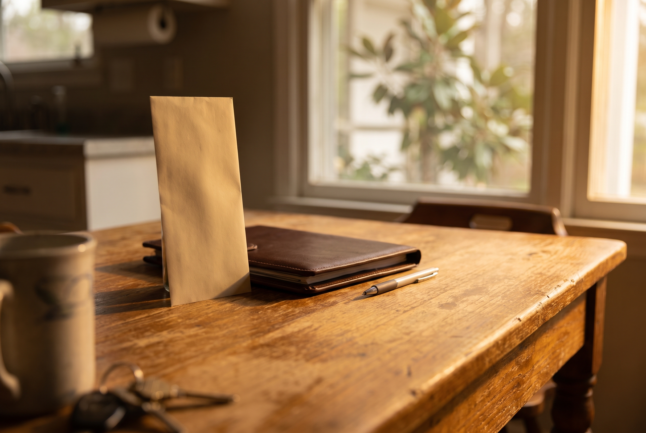 A bank cash envelope and a closed leather loan folder with a pen sit on a sunlit wood kitchen table near a blurred window.