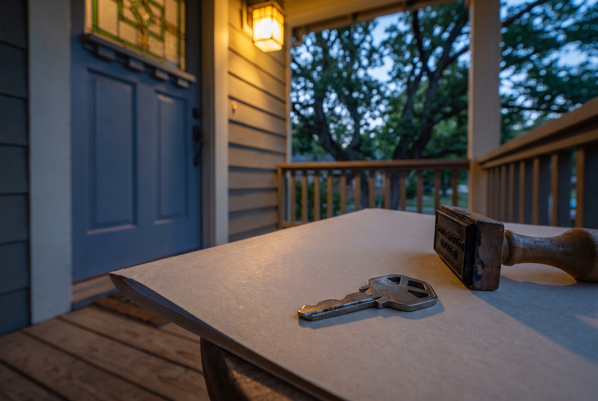 A house key rests on a closed folder beside an ink stamp on a porch table, with a front door softly lit in the background at dusk.