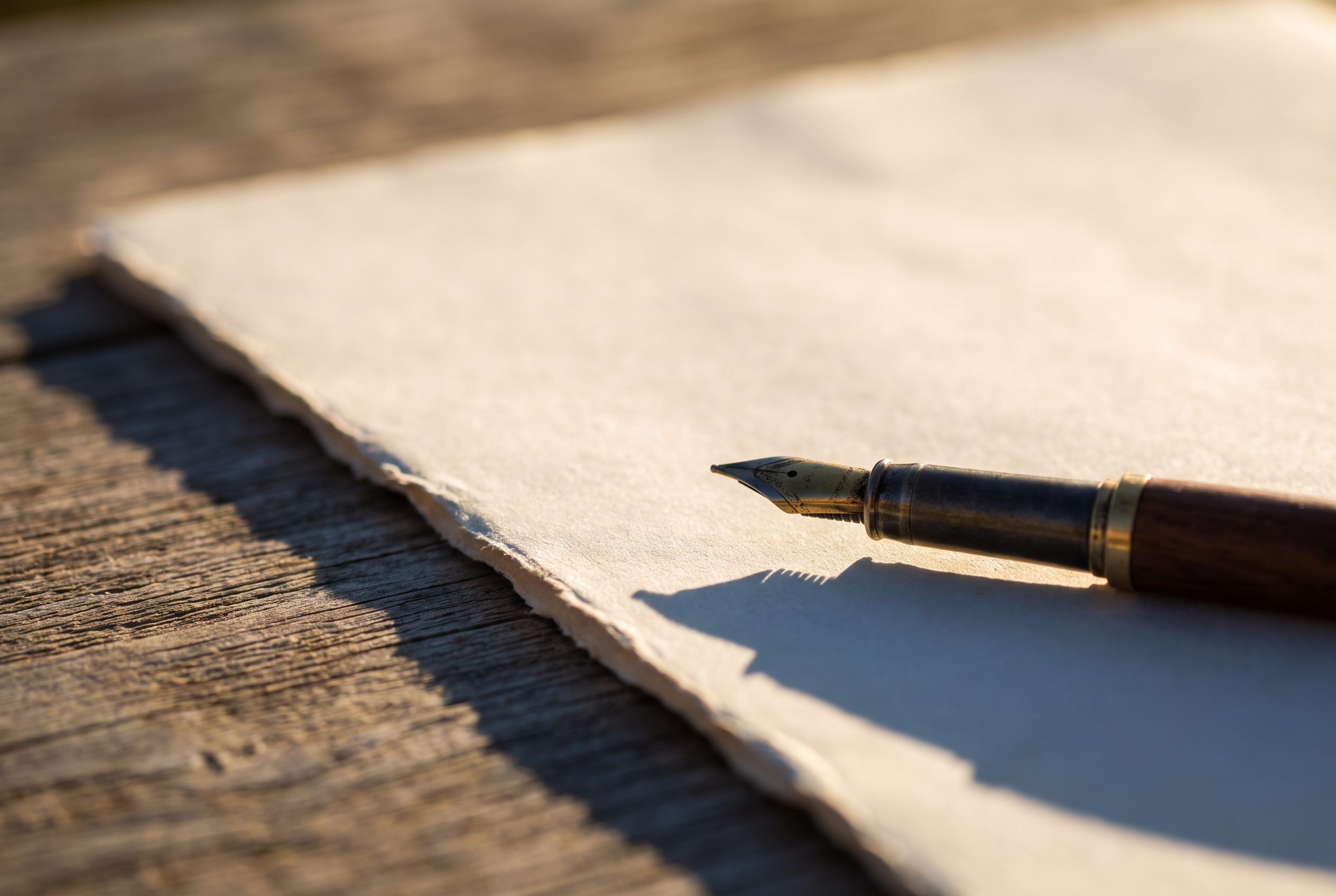 A fountain pen resting across the corner of a blank legal document on a wood table, lit by low raking light.