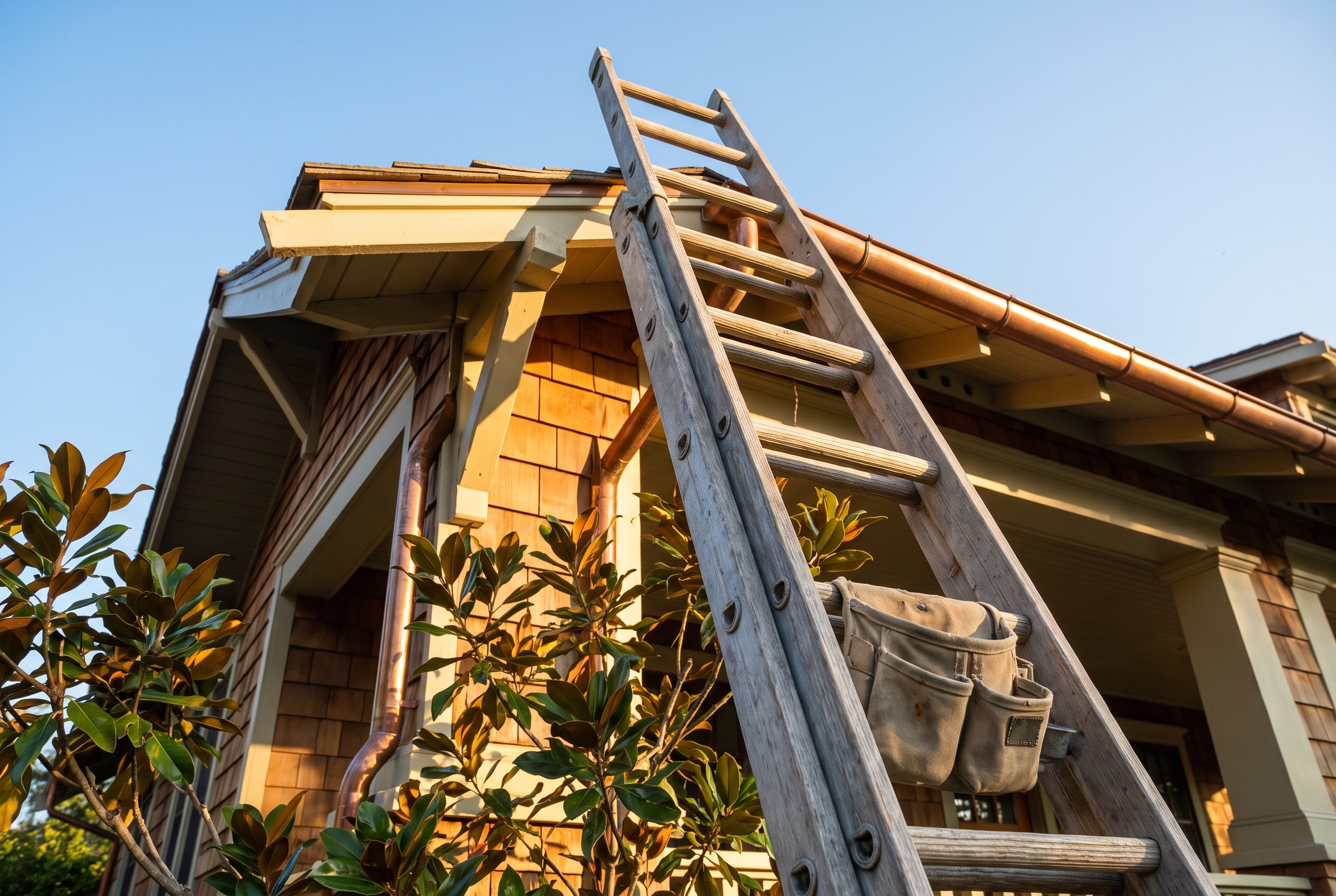 A wooden ladder leaned against the eave of a Craftsman porch roof, lit by early morning light with no one in frame.