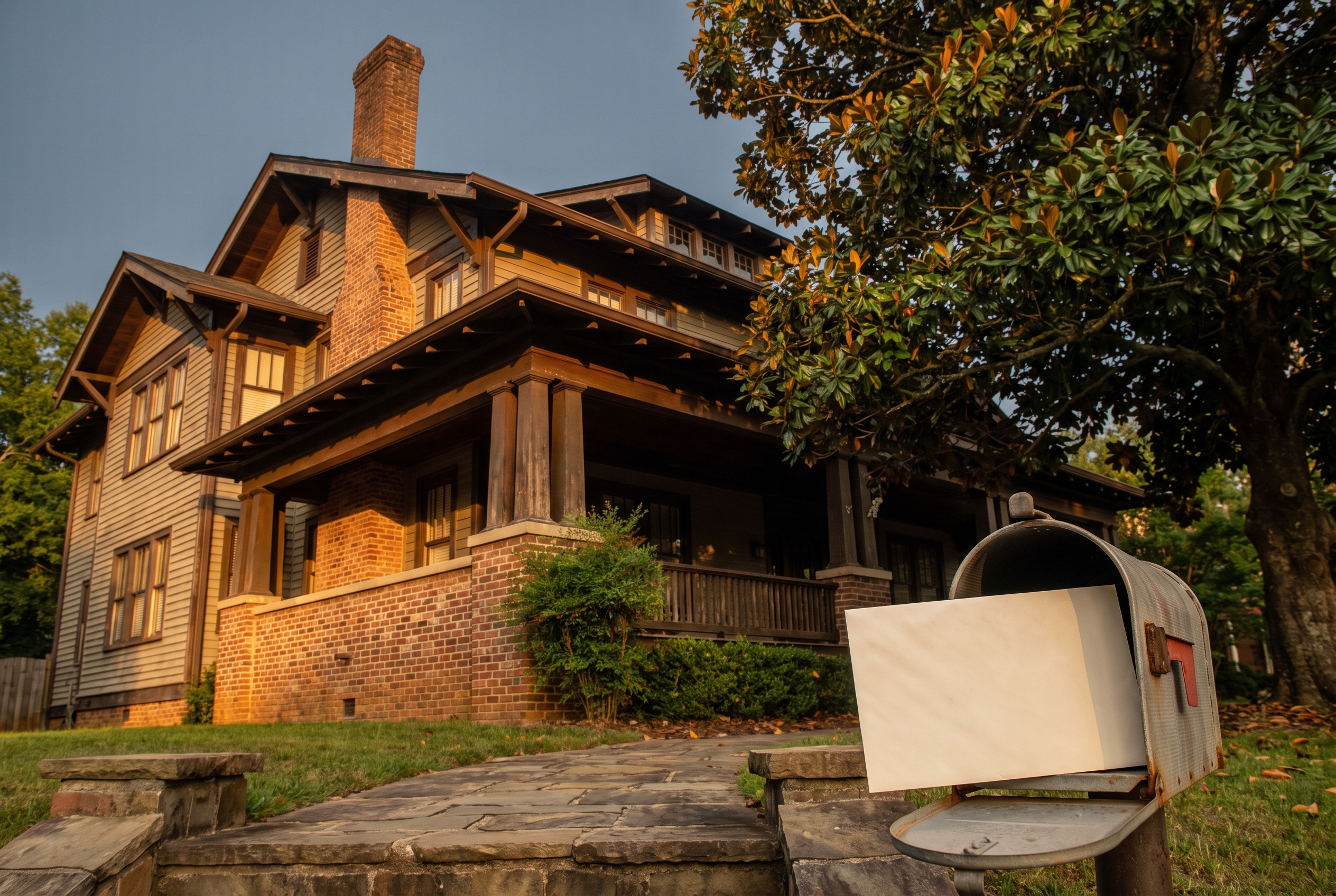 A Craftsman-style Georgia home at golden hour with a blank envelope visible in the mailbox by the front steps.