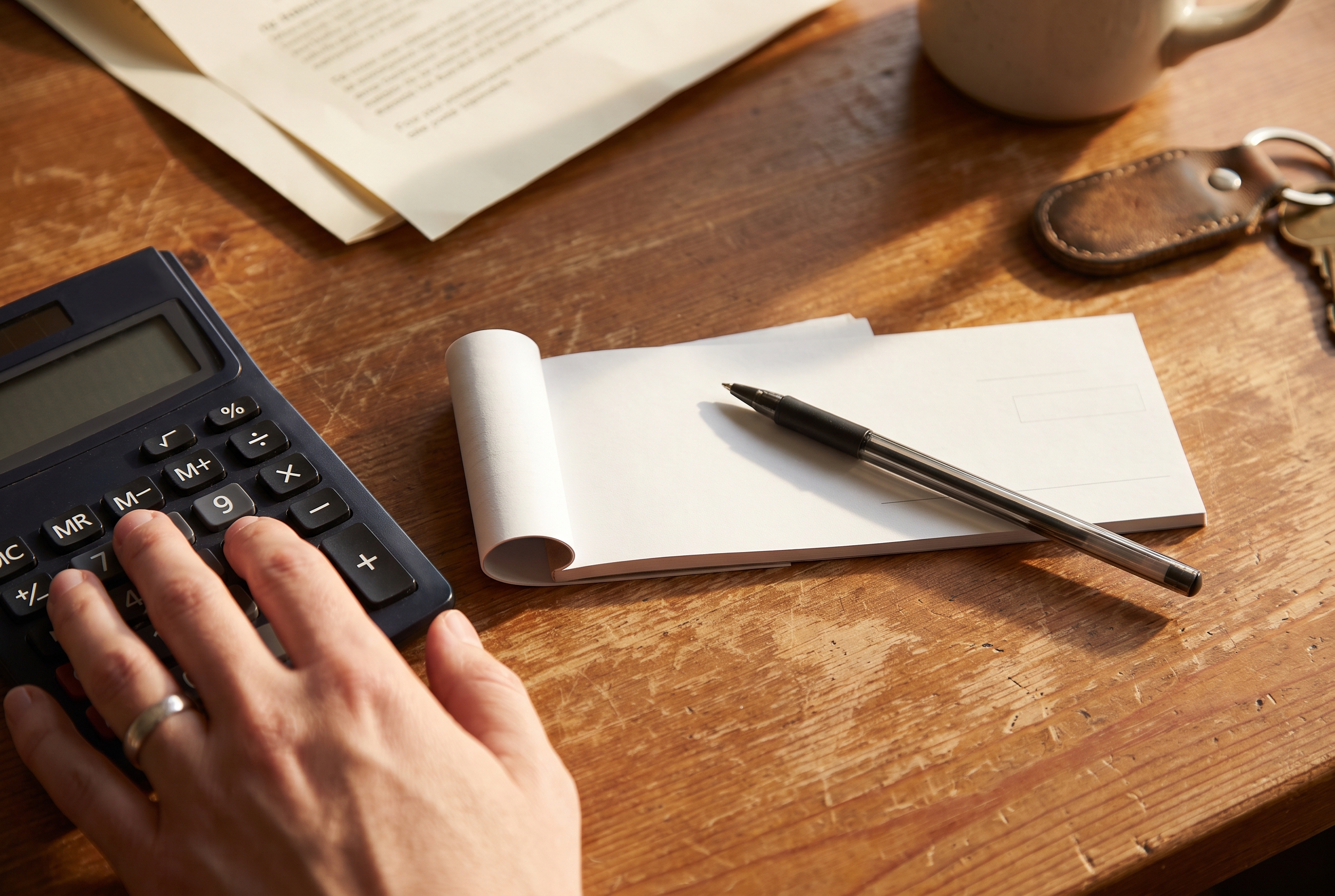 A hand resting on a calculator beside a blank checkbook and pen on a wood kitchen table in soft morning light.