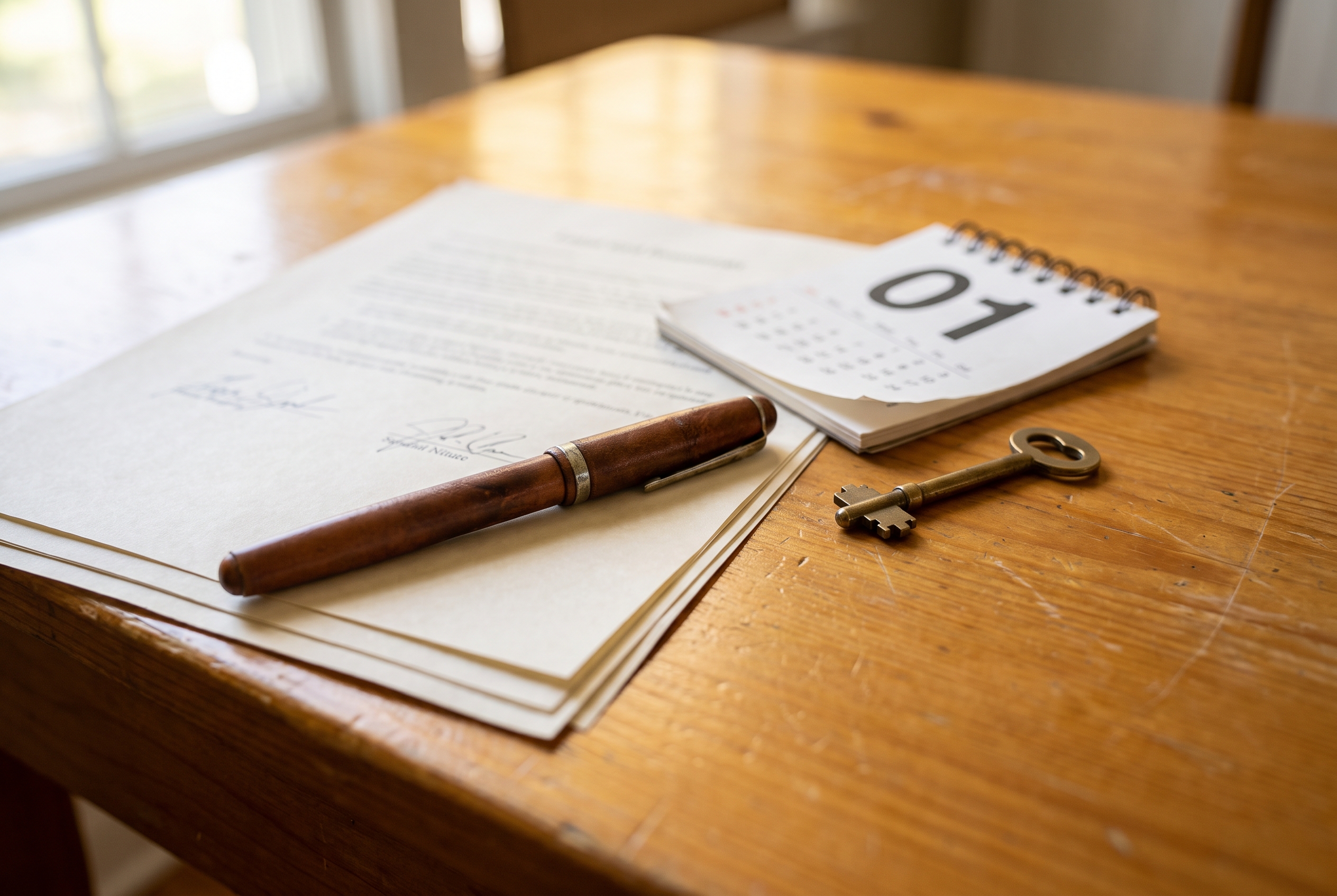 Close-up still life of a pen resting on a signed contract beside a desk calendar and a house key on a wood table.