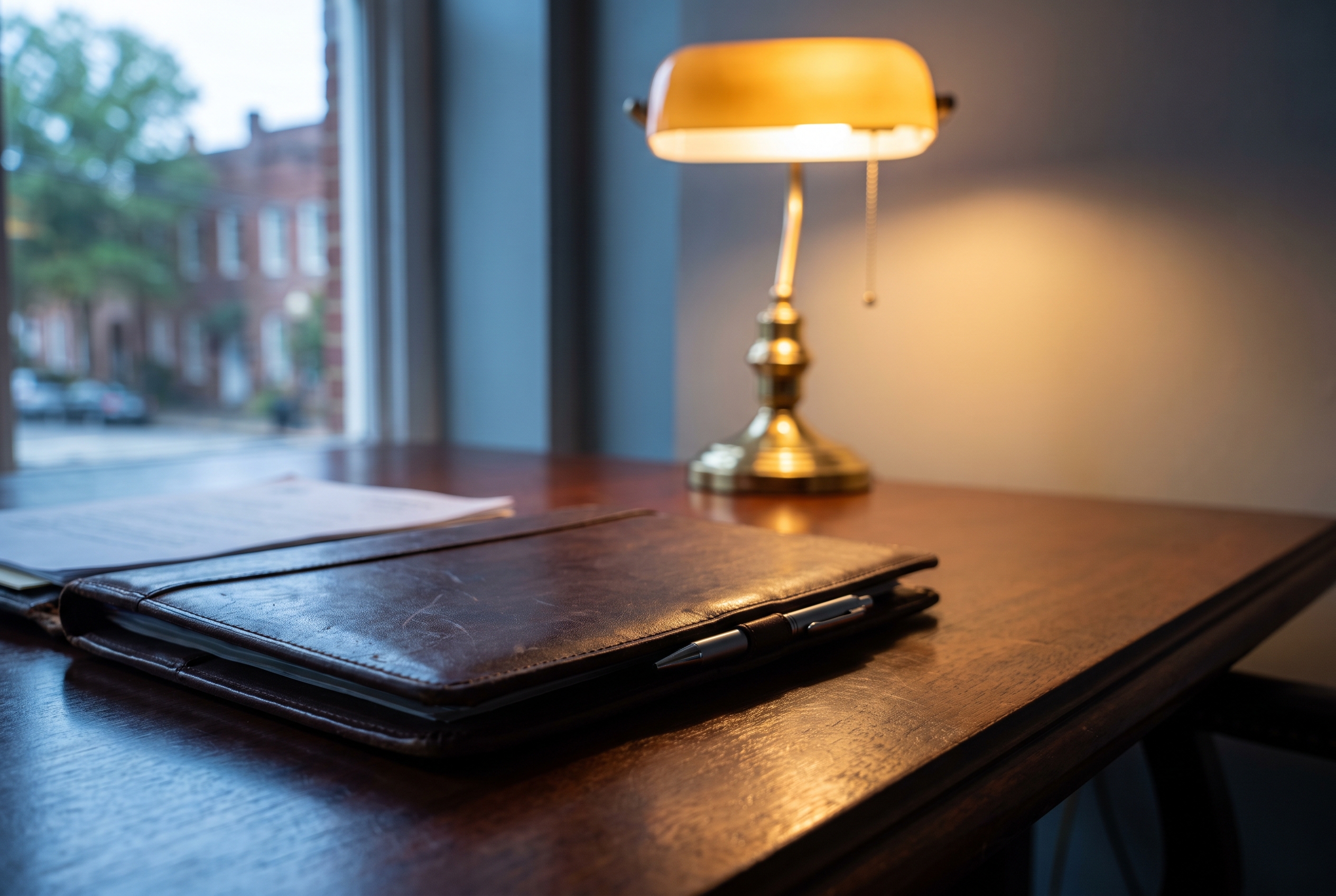 Close-up of a leather document portfolio and pen beside a lit brass lamp on a mahogany table in a law office.