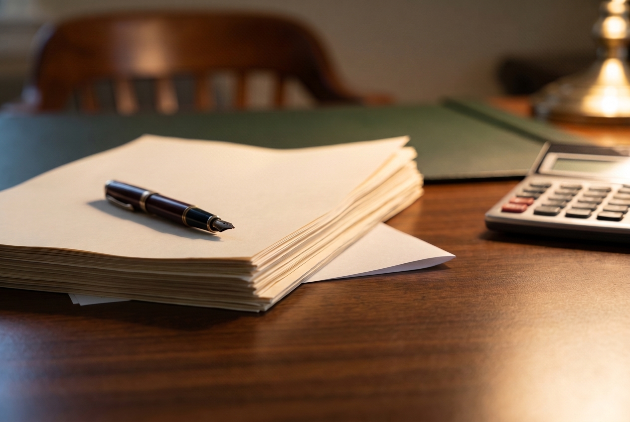 A pen rests atop a stack of closing documents on a wood desk beside a desk calculator, lit by warm lamplight.