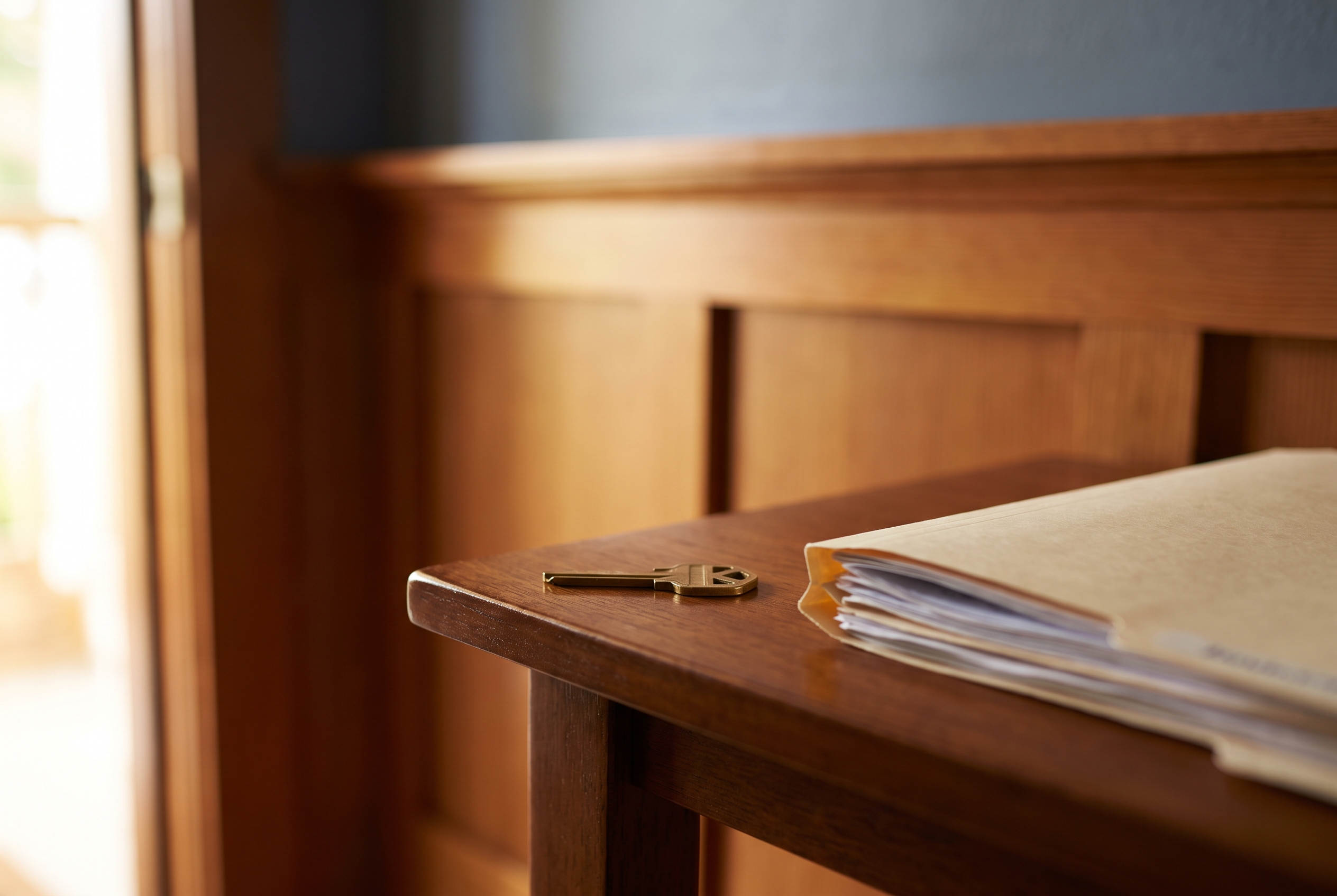 A brass house key rests on a wood entry table beside the edge of a paper folder in soft daylight.