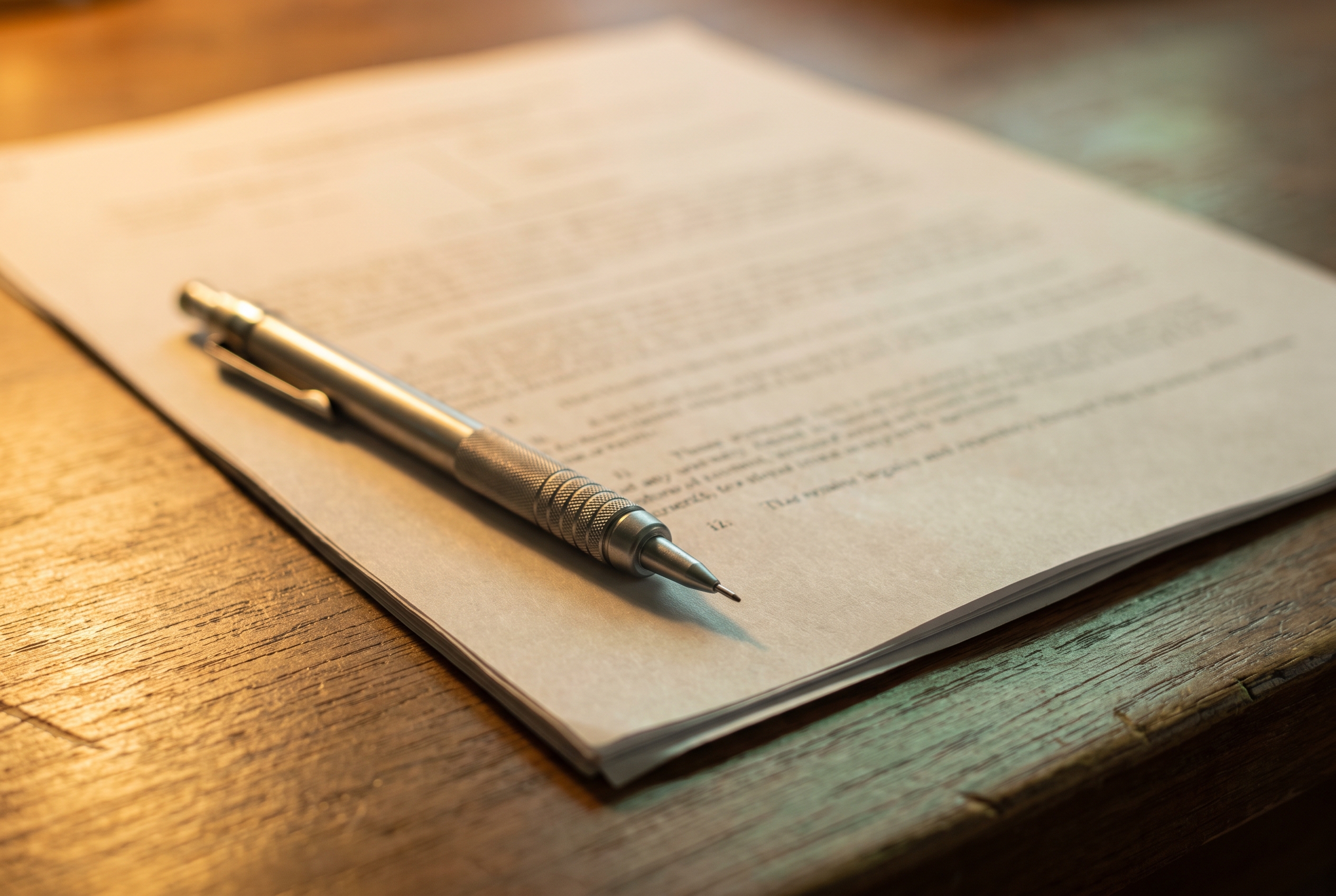 Close view of a pencil resting on blurred stacked document pages lit by warm lamp light on a wood table.