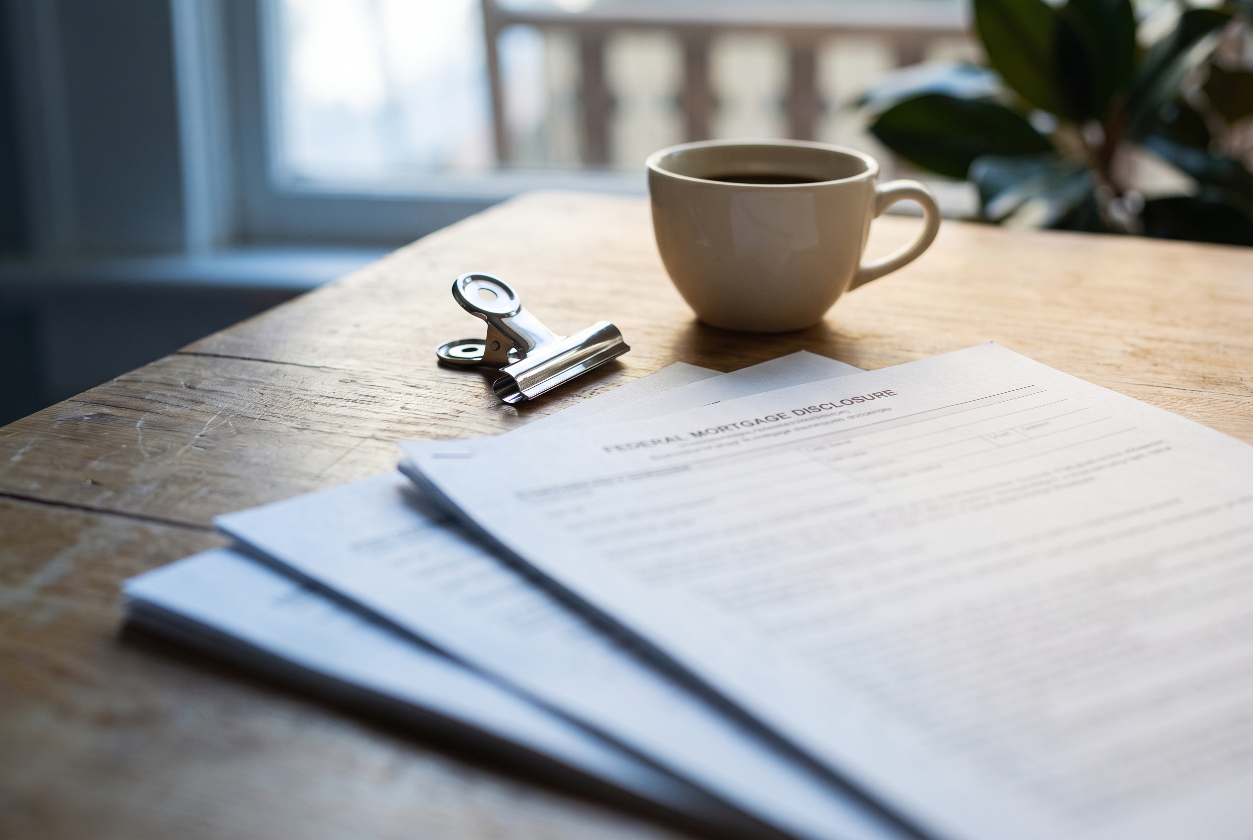 Softly blurred mortgage disclosure pages fanned on a wood table next to a coffee cup, lit by window daylight.
