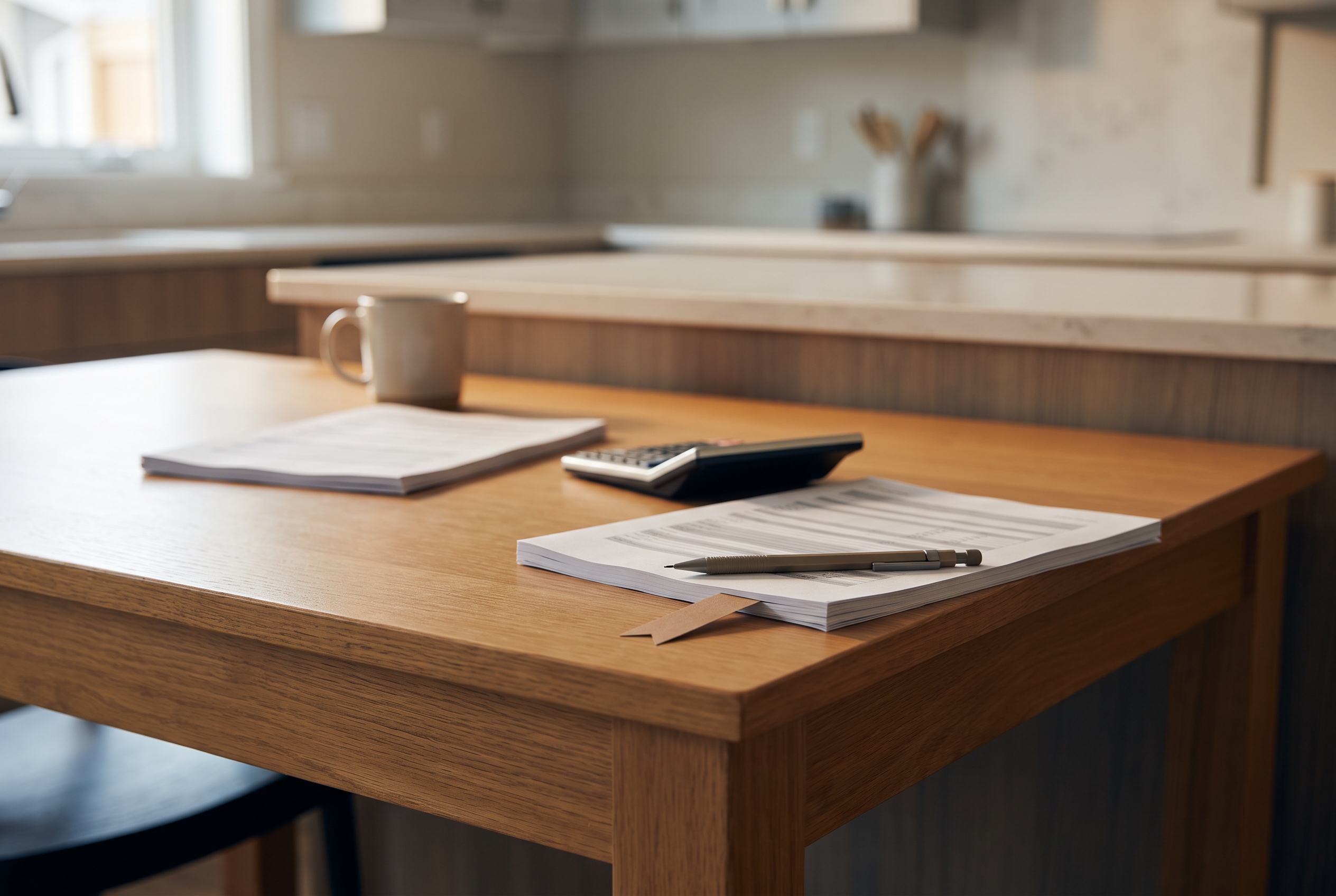 Two small stacks of printed pages, a pencil and a calculator rest on a warm wood table in a new kitchen, softly focused with no legible print.