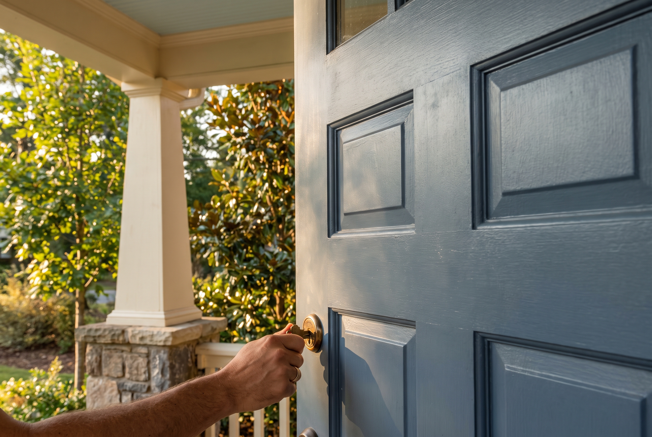 A hand turns a brass key in the deadbolt of a slate-blue front door on a new Craftsman porch, with a young oak and magnolia leaves softly blurred behind.