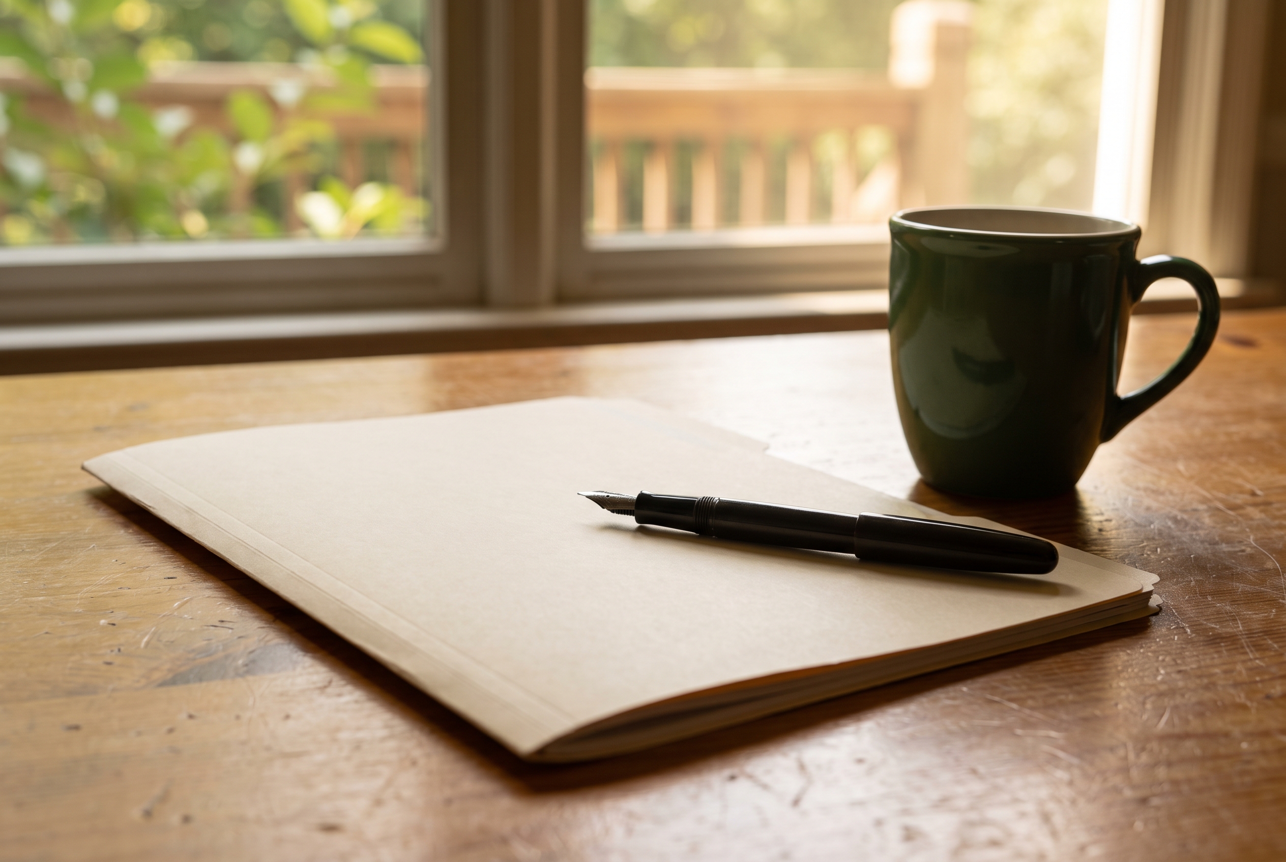 A closed folder lies face-down on a worn pine kitchen table with a fountain pen across it and a green ceramic mug beside it, with a window softly blurred behind.
