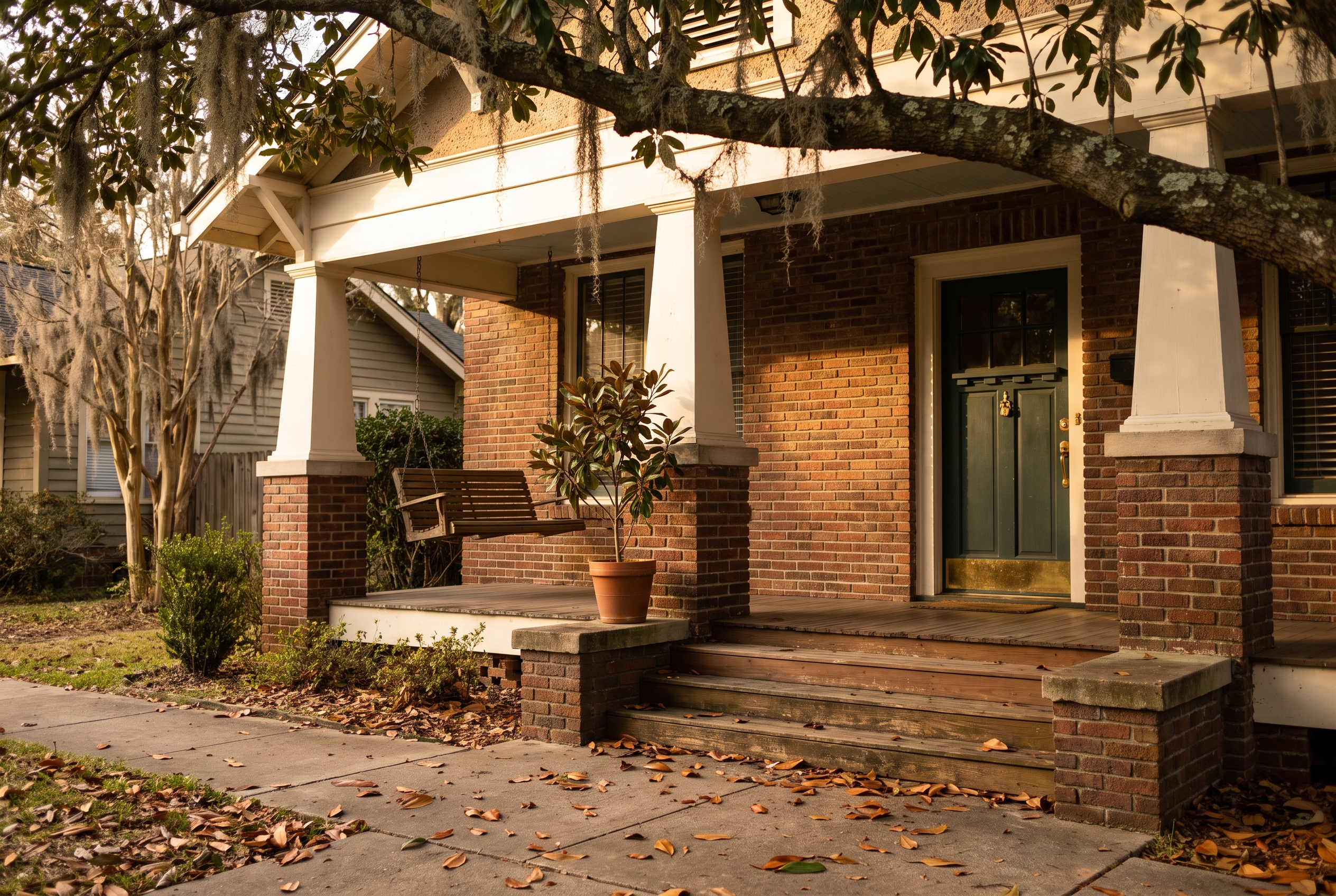A brick Craftsman bungalow with tapered porch columns and a dark green door, seen from the sidewalk through hanging live oak branches in late afternoon light.