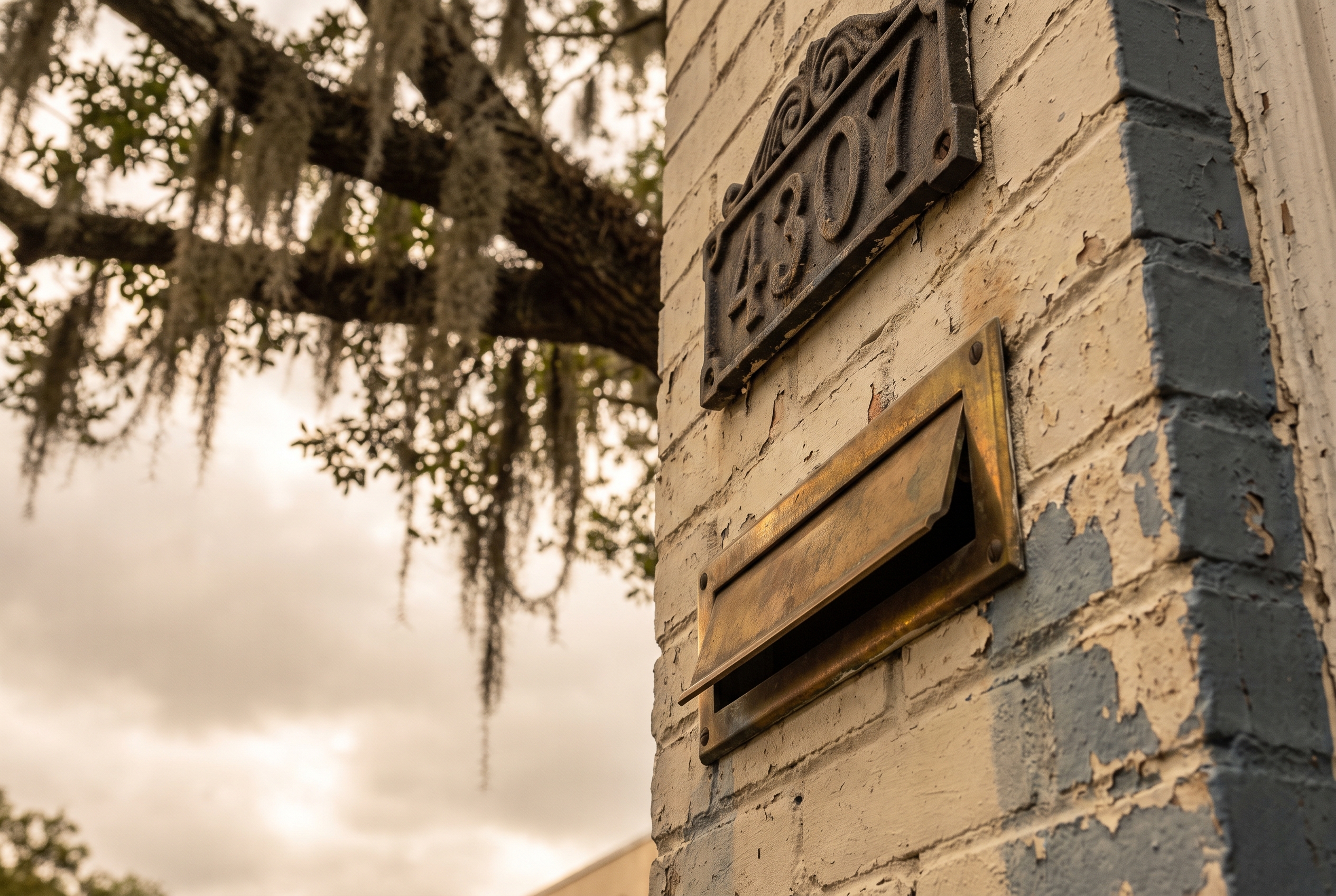 A weathered cast-iron house number plaque and brass mail slot on a brick Savannah facade beneath a moss-draped oak branch.