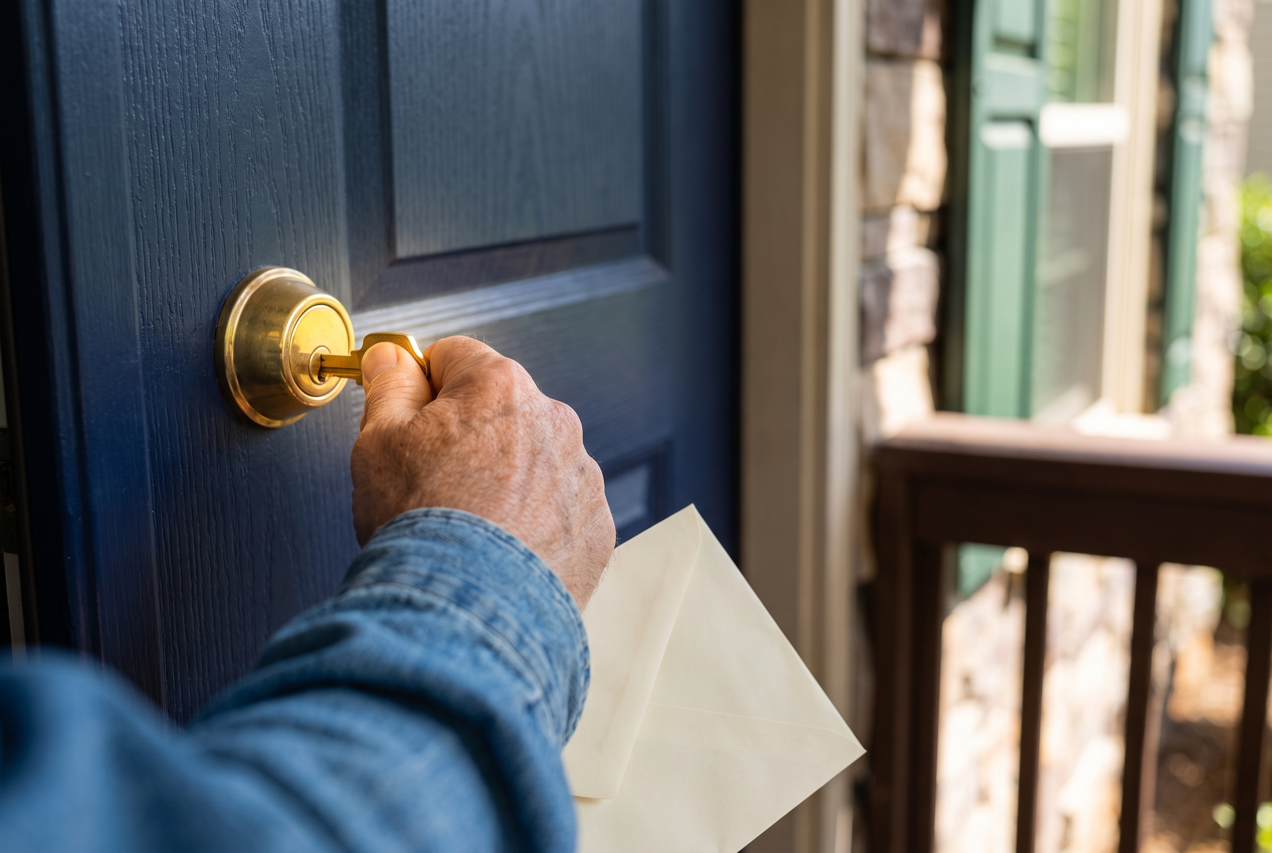 A hand inserting a brass key into the deadbolt of a navy-paneled Craftsman front door, with a blurred envelope tucked underarm.