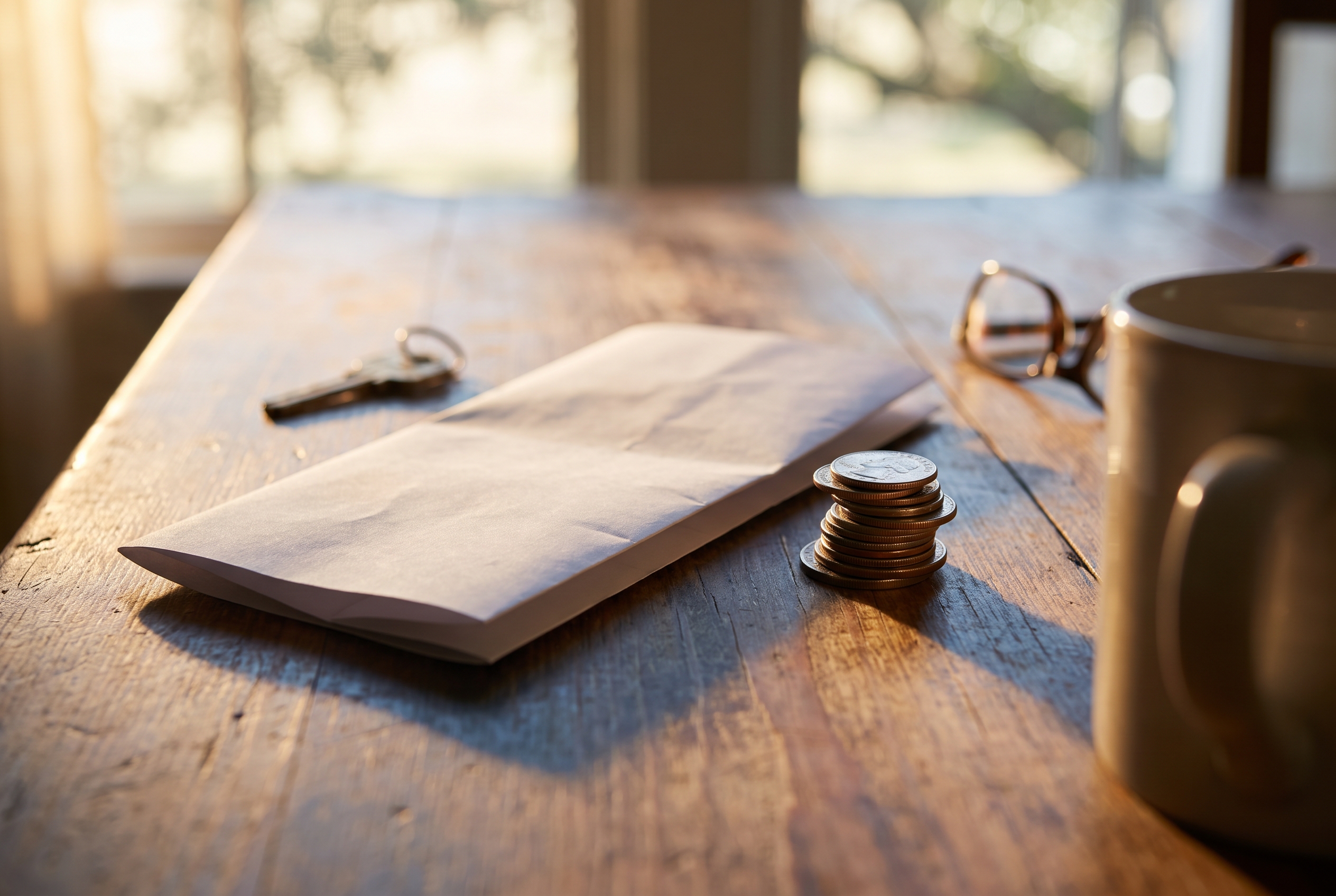 A folded mortgage statement and a small stack of coins on a wood kitchen table beside a coffee mug and reading glasses.