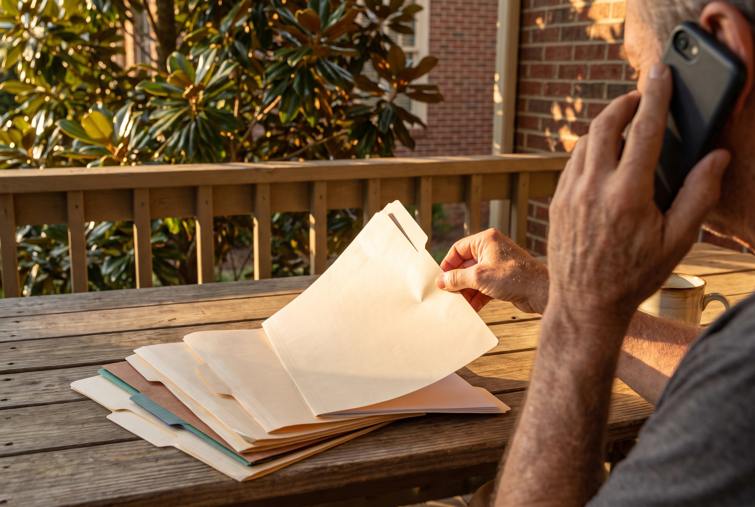 A hand holding a phone beside several fanned insurance quote folders on a Craftsman porch table at golden hour.