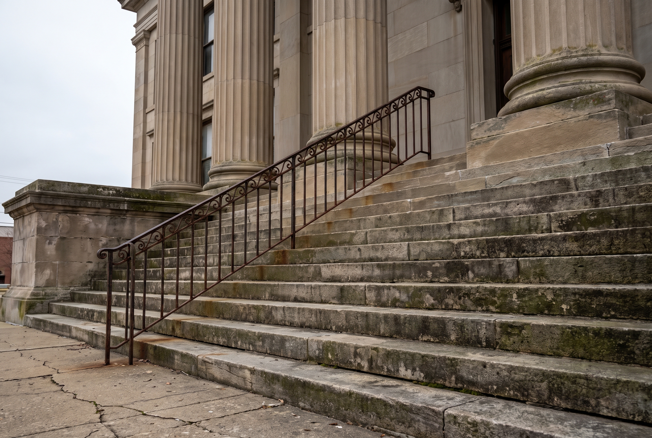 Empty stone steps and columns outside a county courthouse in soft morning light.