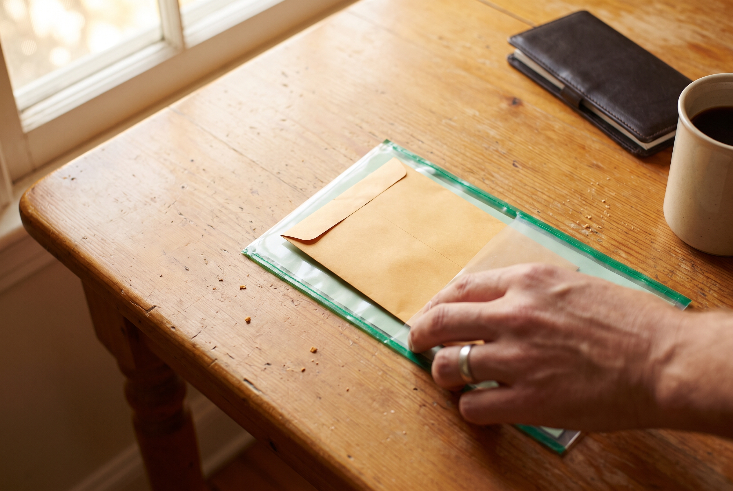 A hand places a sealed envelope into a certified-mail sleeve on a kitchen table beside a coffee mug.