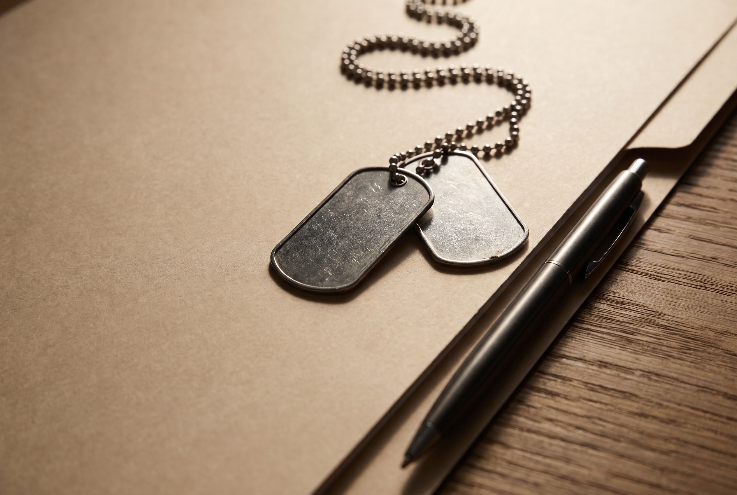 A pair of dog tags draped across the corner of a closing folder on a wood table, lit by low morning light.
