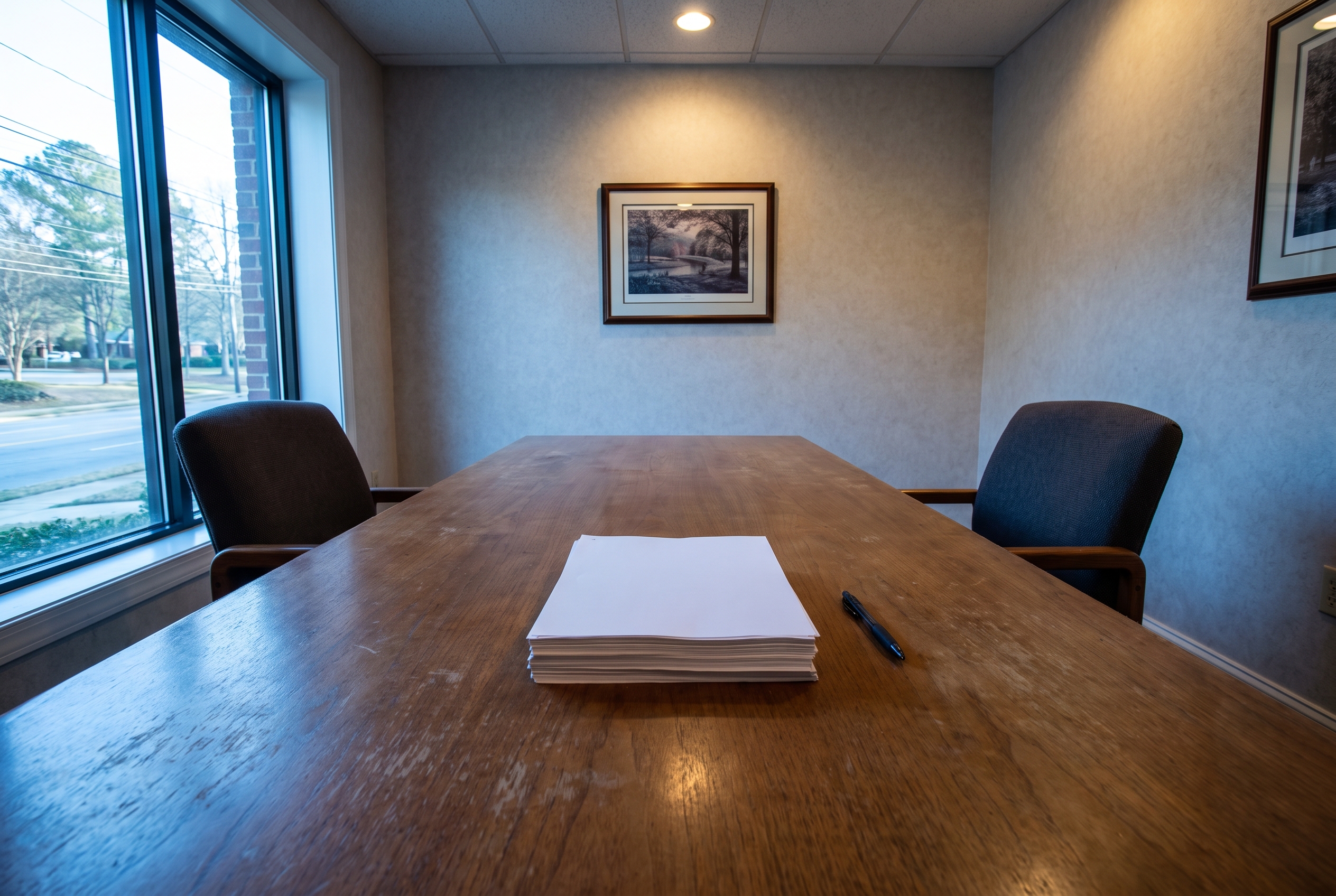 An empty attorney's closing table with two facing chairs and a stack of blank documents lit by daylight from a nearby window.