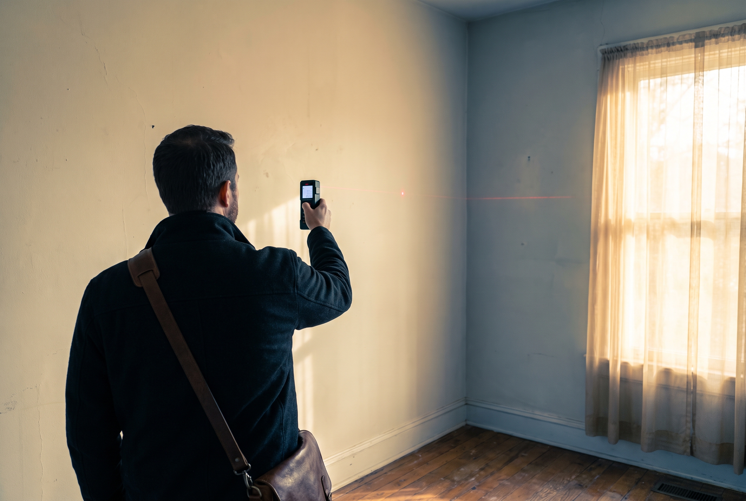 An appraiser seen from behind holding a laser measuring tool up to a bare wall in an empty, sunlit bedroom.