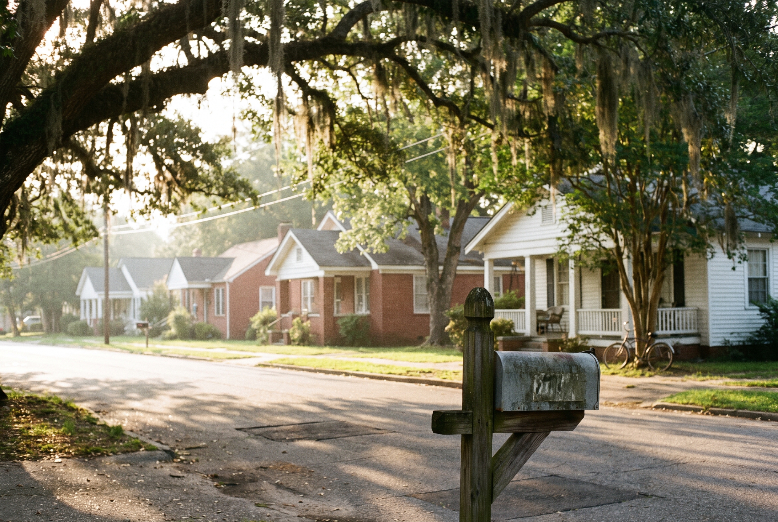 A tree-lined suburban street framed by live oak branches with a row of brick and clapboard homes