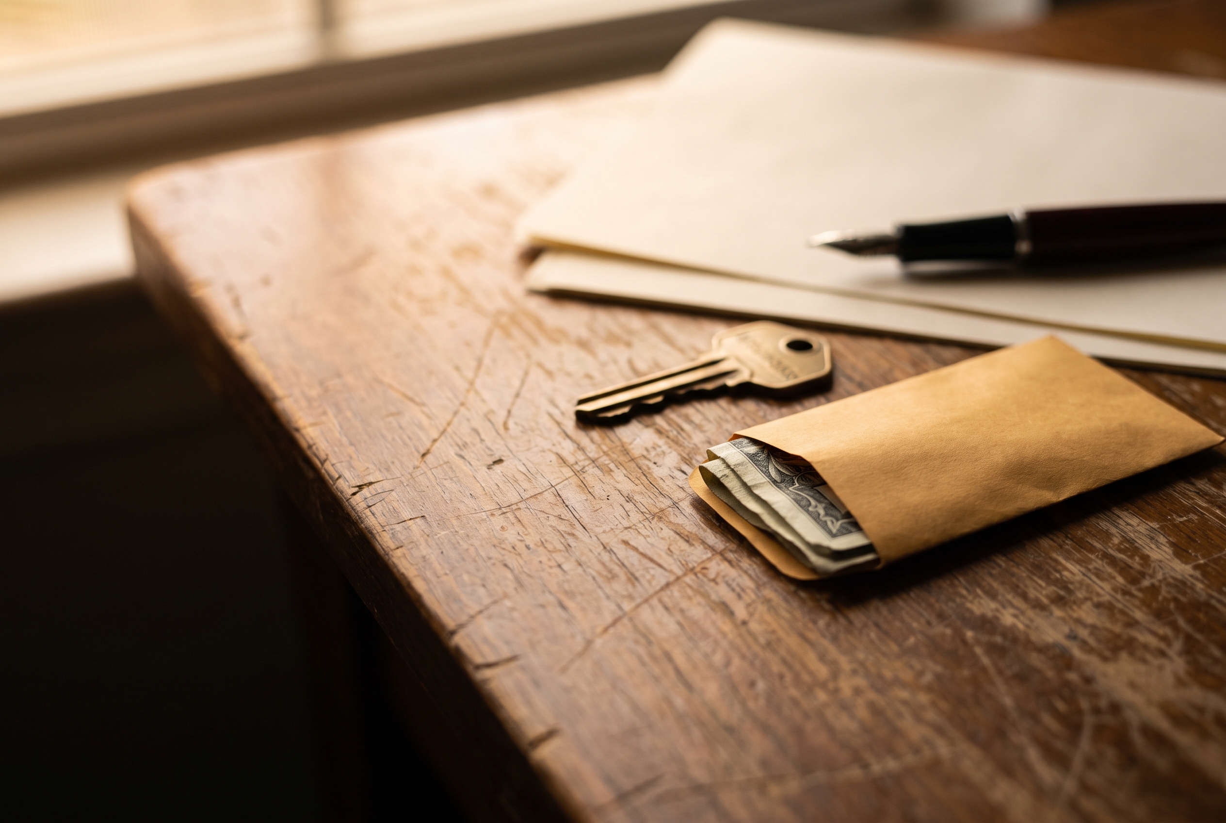 A pen and brass key resting on a table beside a blurred document stack and a partly open envelope of bills