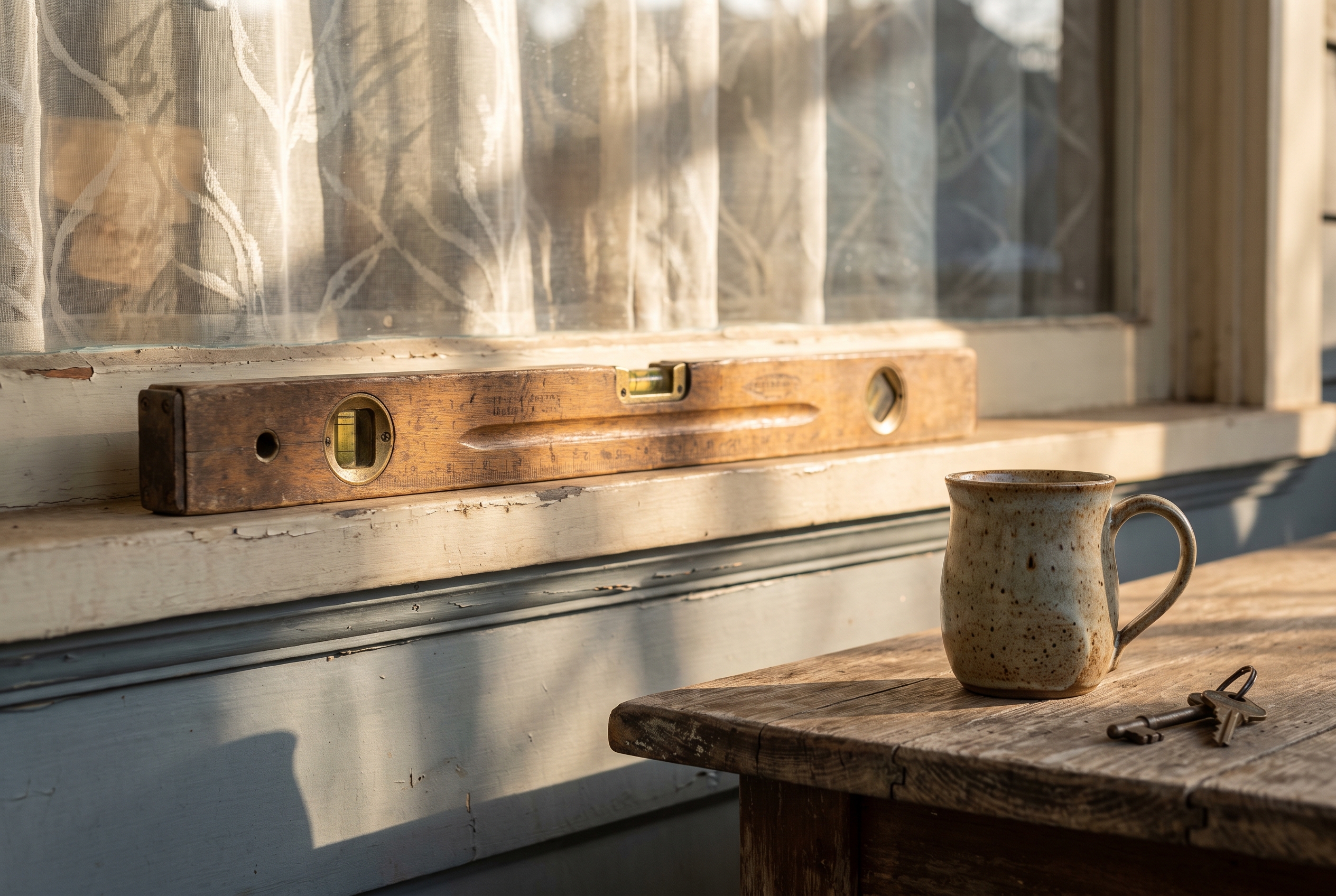 A builder's level resting on a sunlit windowsill above a wood porch table with a ceramic mug nearby.