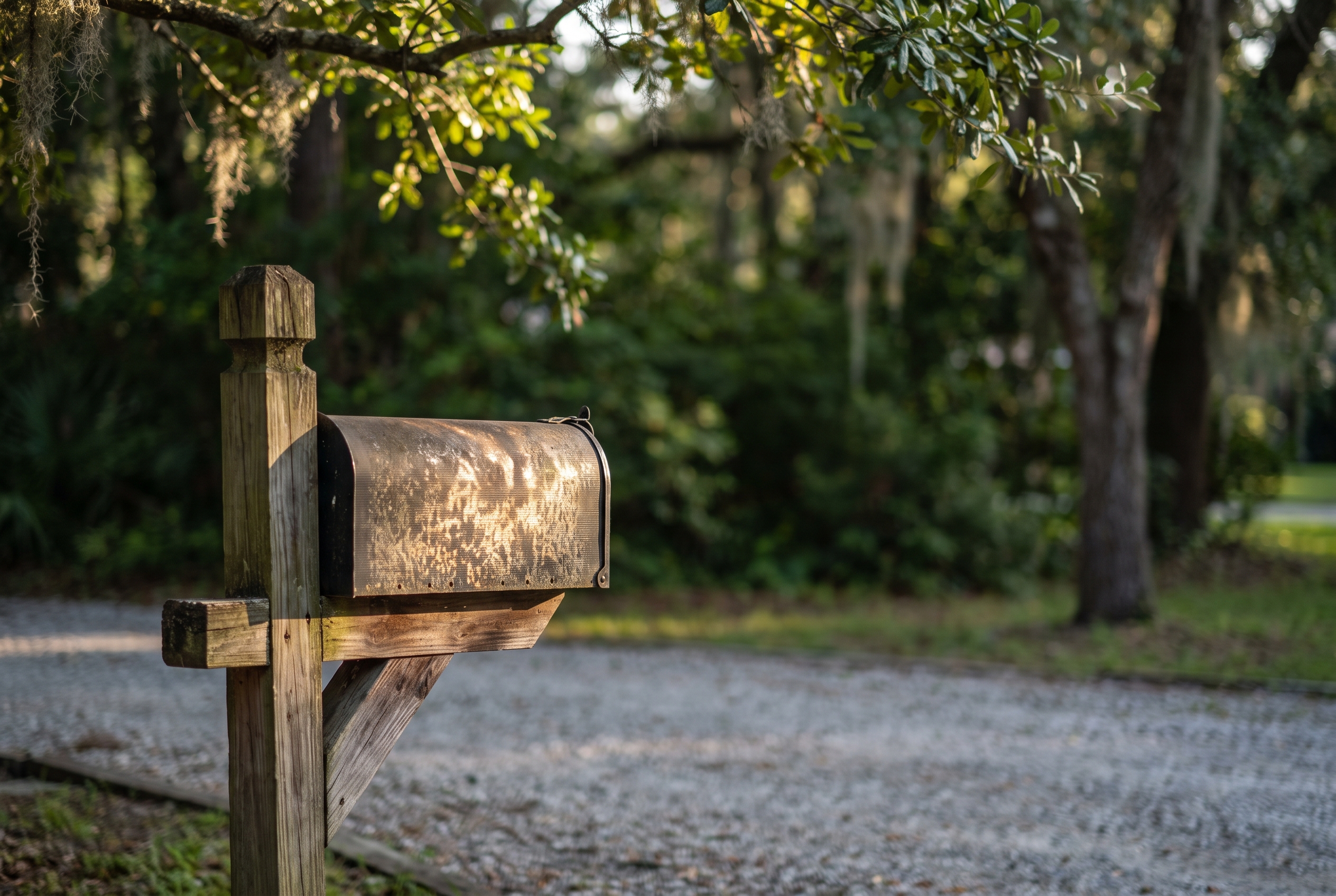 A wrought-iron mailbox on a wood post beneath live oak trees with dappled sunlight on a quiet driveway.