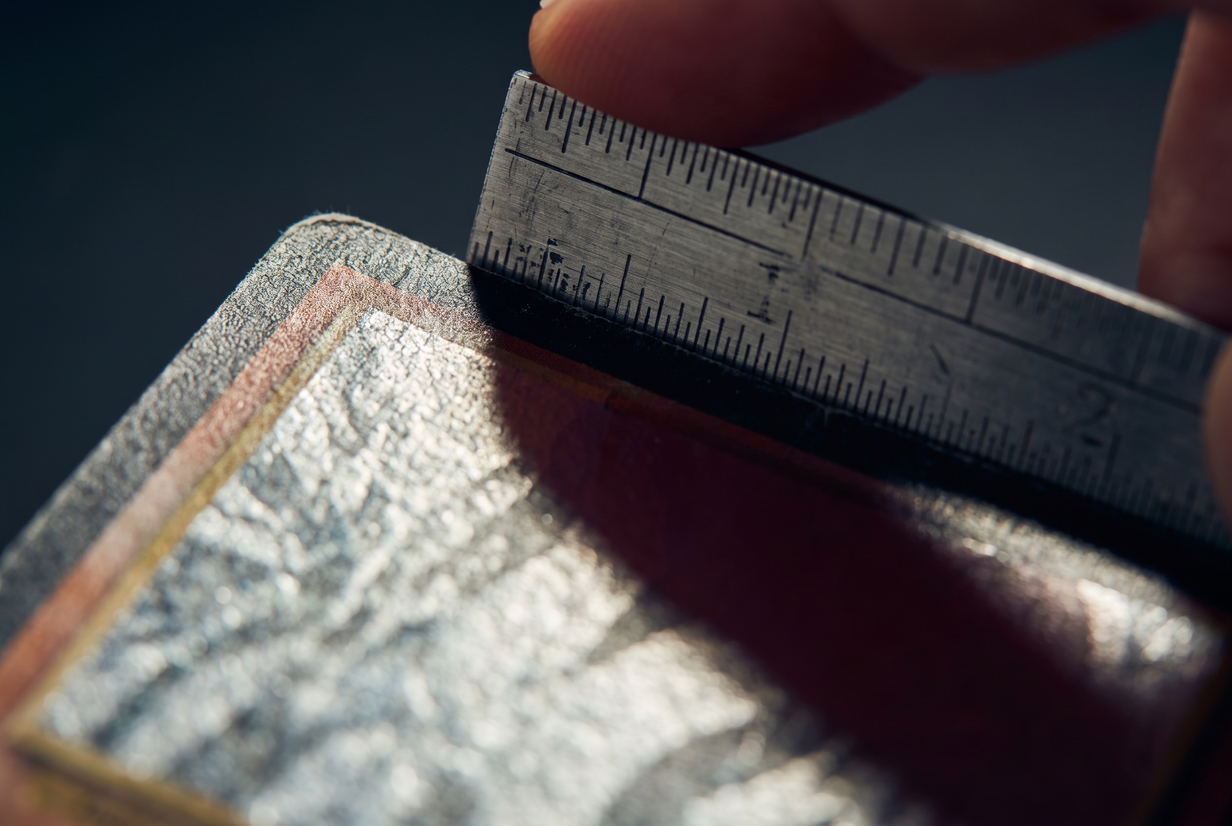 A steel ruler pressed against the top border of a trading card's corner in close macro detail, foil catching raking light.