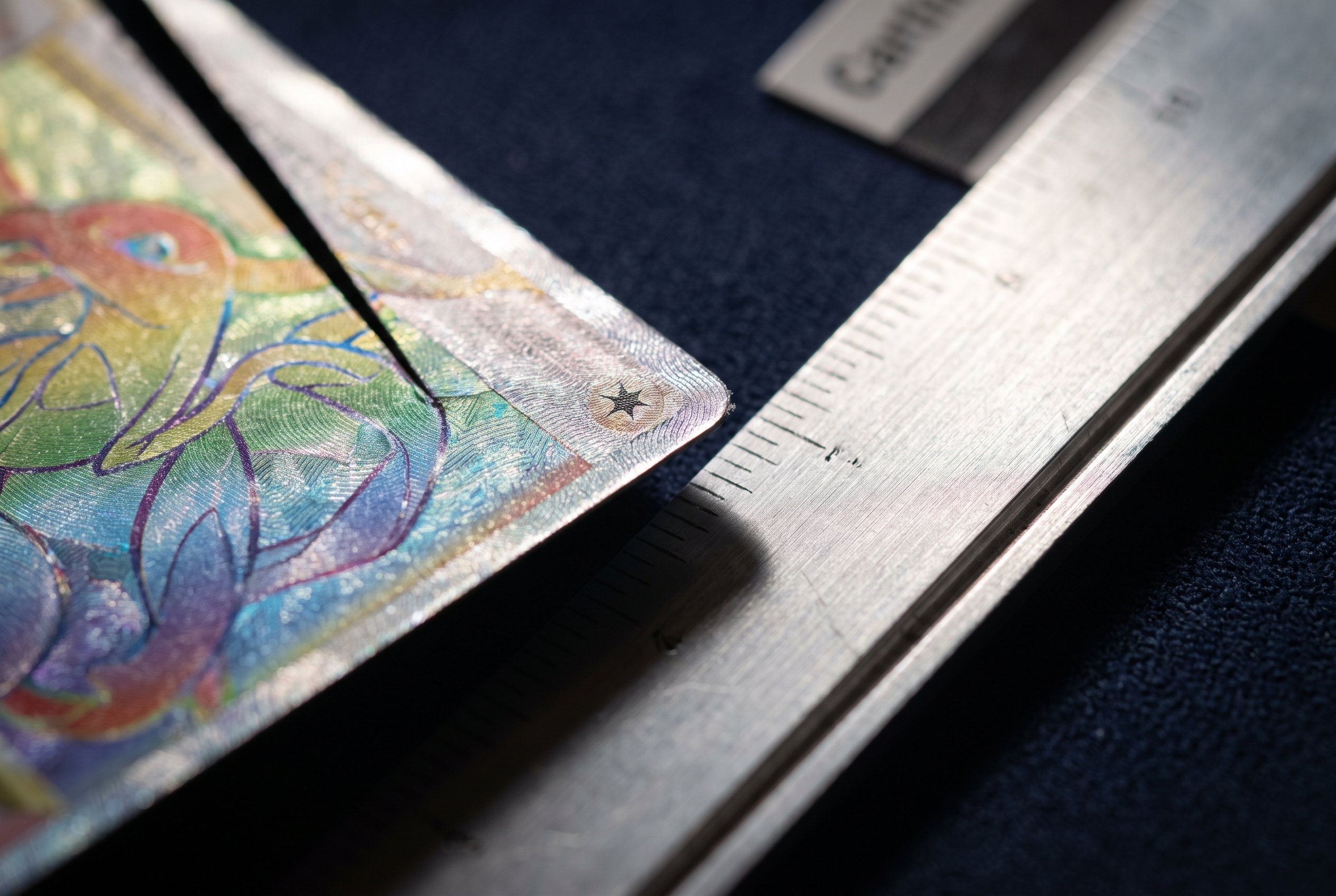 A trading card's edge laid against a ruler in macro detail, showing an uneven gap that widens along the border.