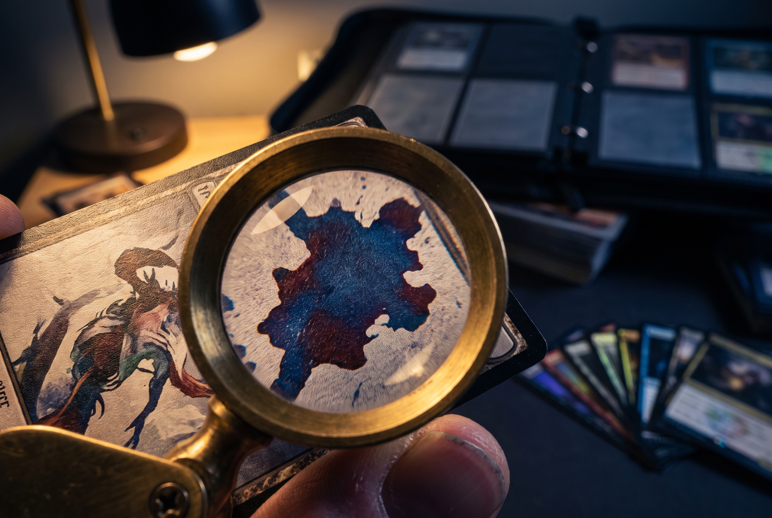 An extreme close-up through a jeweler's loupe revealing the irregular, splotchy ink texture on the corner of a trading card