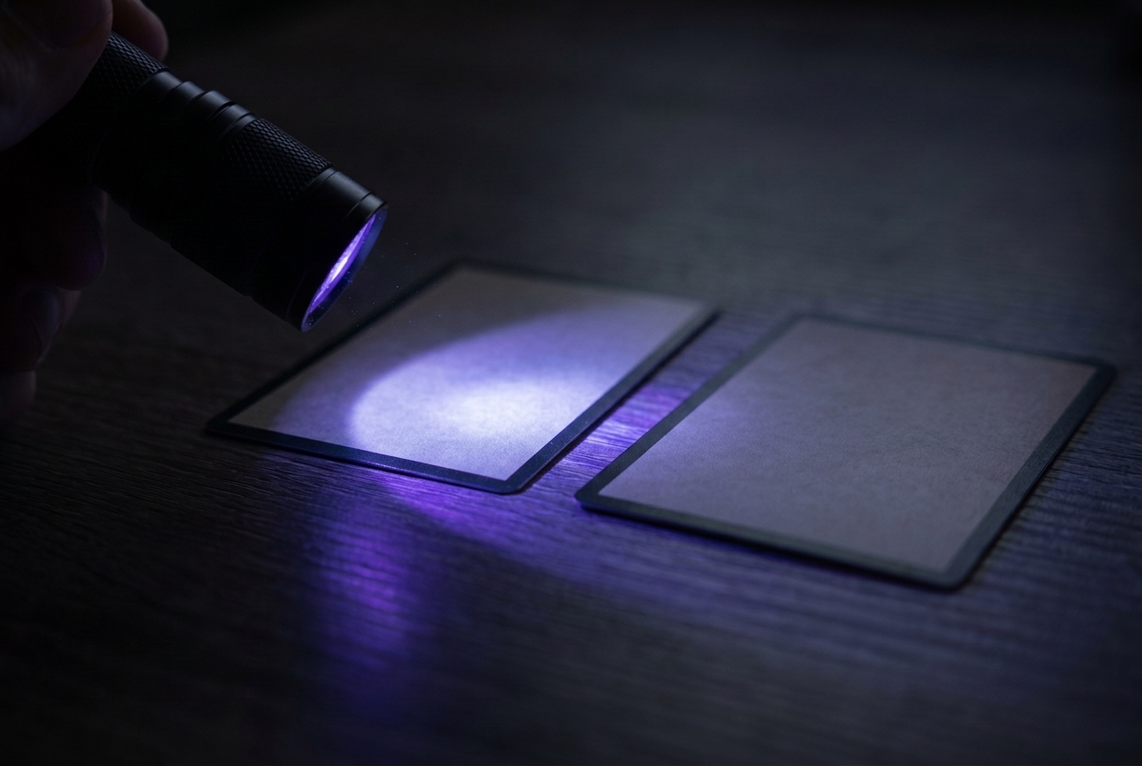 A black-light flashlight beam crossing two face-down trading cards on a dark table, with one card's edge glowing faintly and the other remaining dark