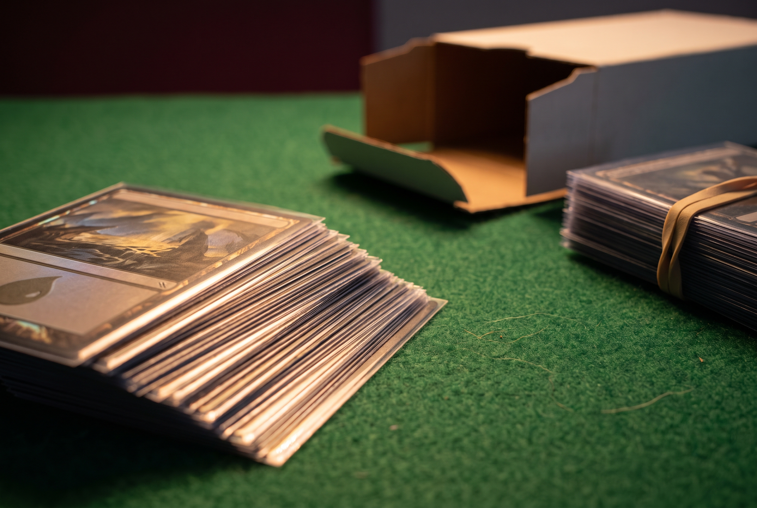 A fanned stack of sleeved trading cards catches warm light at the edge of a felt table next to an open cardboard submission box and a rubber-banded bundle of cards.