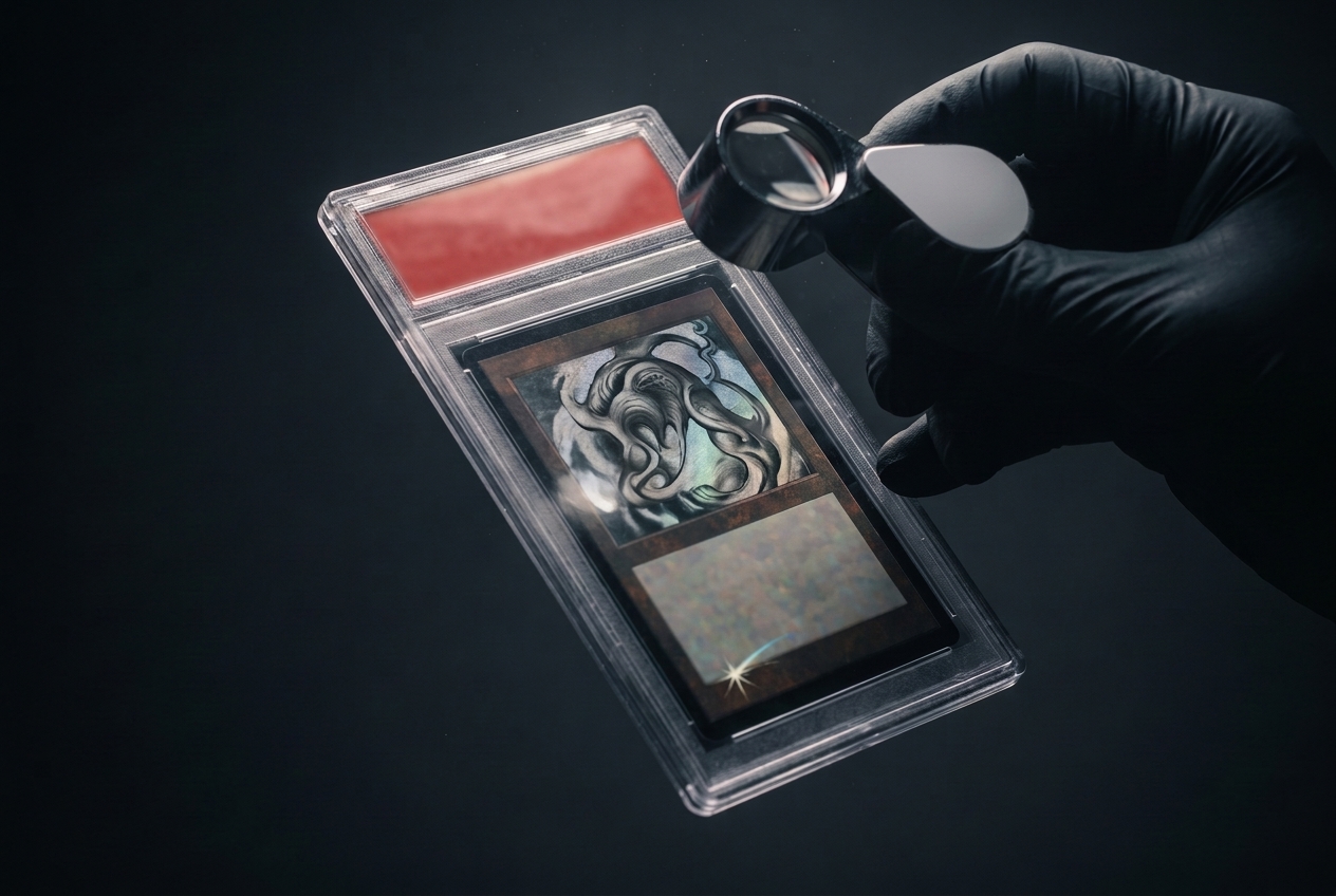 A hand holds a magnifying loupe close to the label of a single graded card slab, which is lit with a hard rim light against a near-black background.