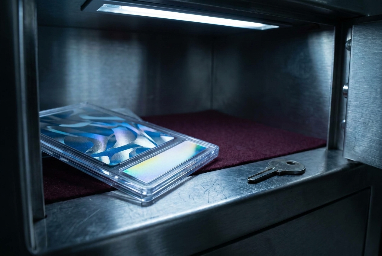 Close-up of a graded card slab resting against the felt lining inside a partly open stainless-steel bank safe deposit box drawer, with a small key on the drawer's edge.